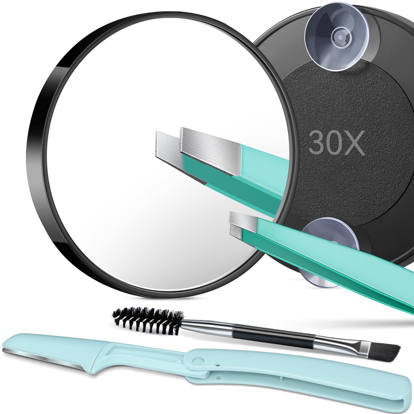 TsMADDTs 30X Magnifying Mirror and Tweezers Kit, Small Magnifying Makeup Mirror with Suction Cups for Shaving, Blackhead Blemish Removal, Compact for