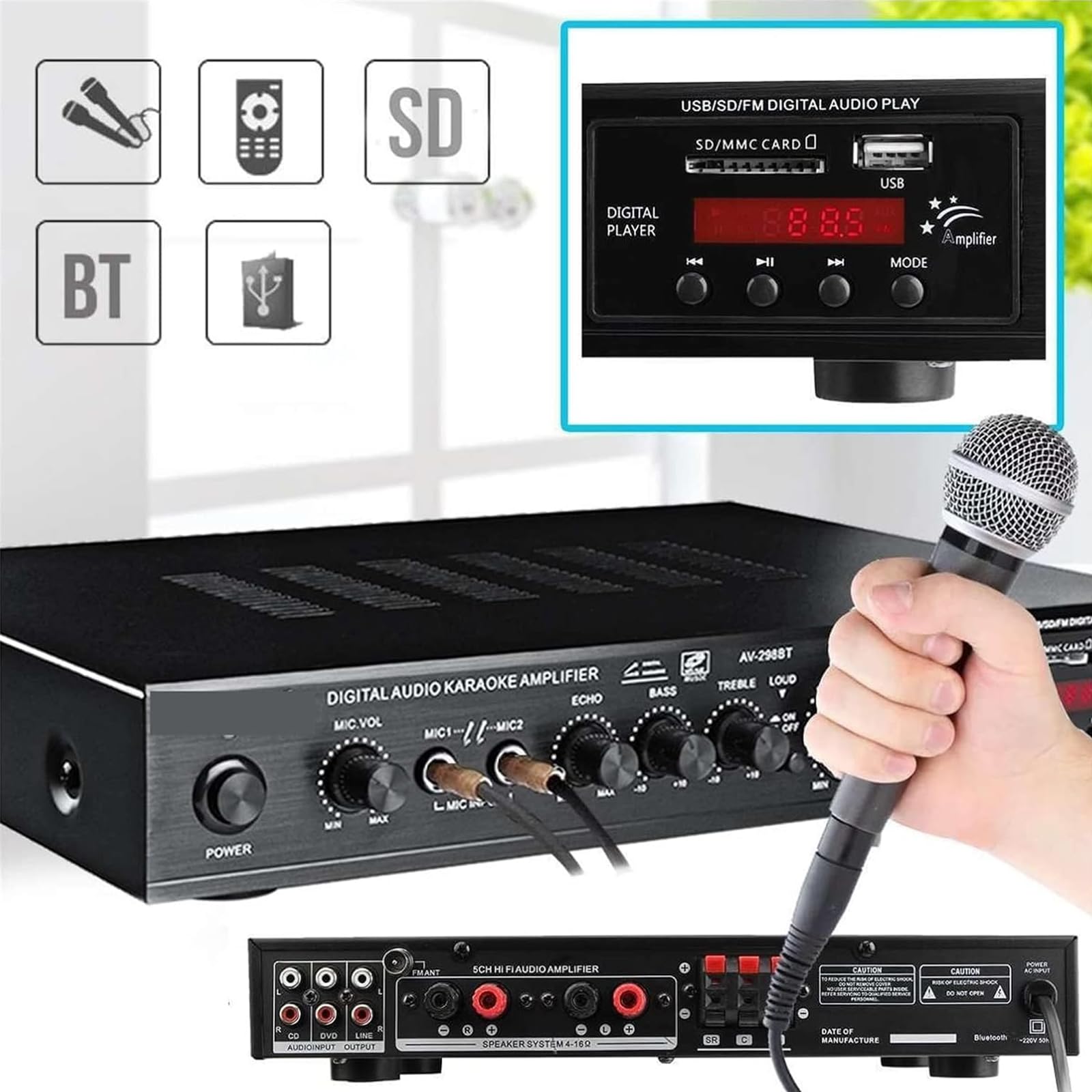 Amplificatore 5.1 Canali Suono Surround Amplificatore Bluetooth Per Sistema Hi-fi Surround Suono Led Usb Av Alimentazione 298bt Amplificatore Alta Risoluzione Player Subwoofer Per Auto Gold