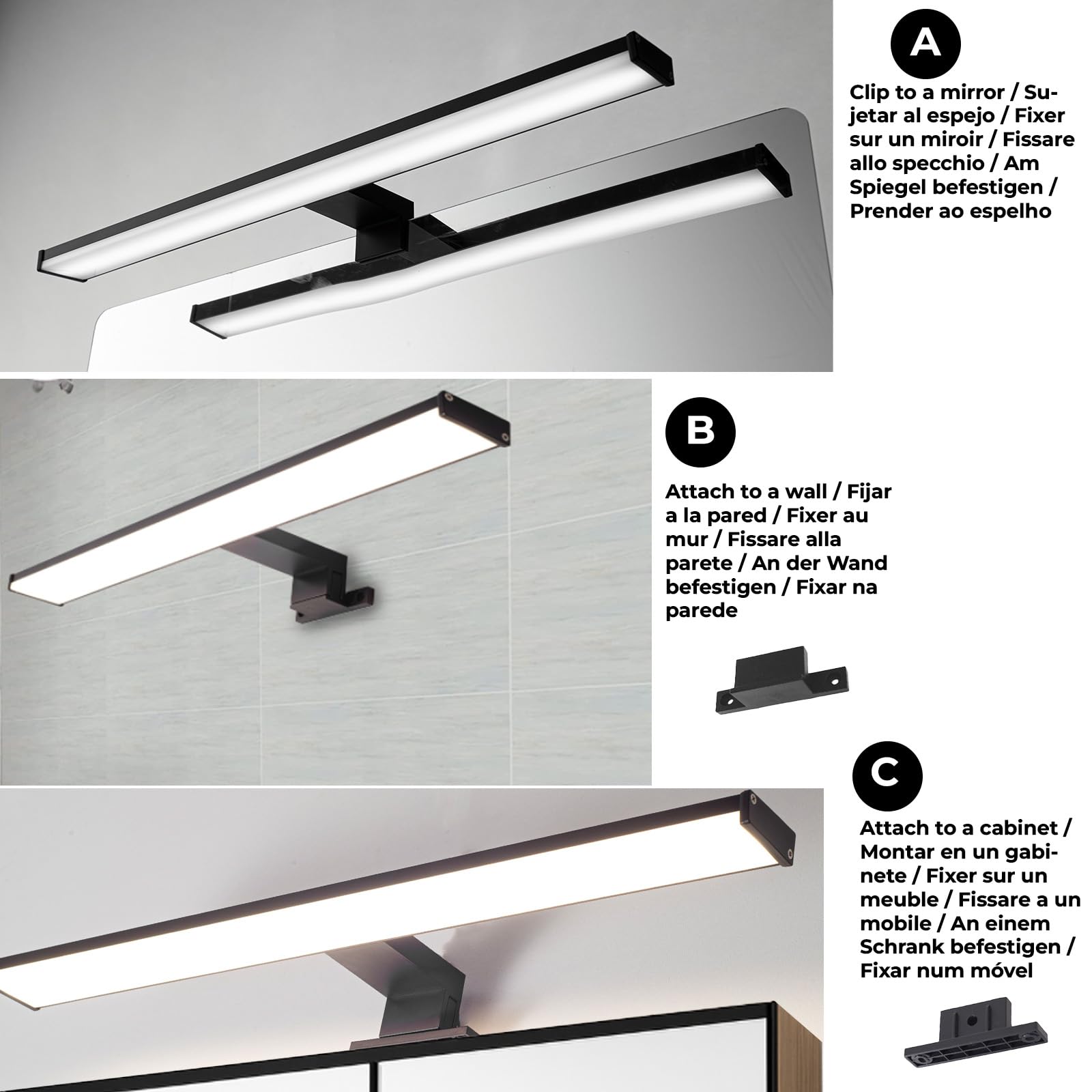 Alpinaluz Applique LED Noire pour Miroir de Salle de Bain – 4000K Blanc Neutre – IP44 – Aluminium et Supports en Polycarbonate – Installation sur Miroir, Mur ou Meuble (50cm 12W)