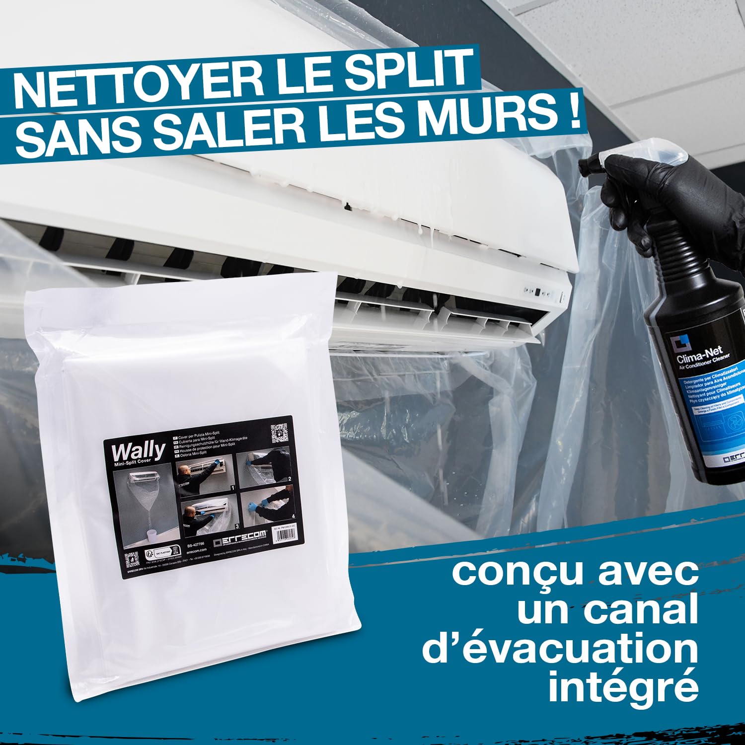 Errecom Kit Nettoyage Climatisation : JET GUN PRO+ Nettoyeur Haute Pression Portable, Clima-Net 1L Nettoyant Unité Intérieure/Extérieure, A/C Tabs Tablettes Climatisation, Housse Murale Wally, Gants