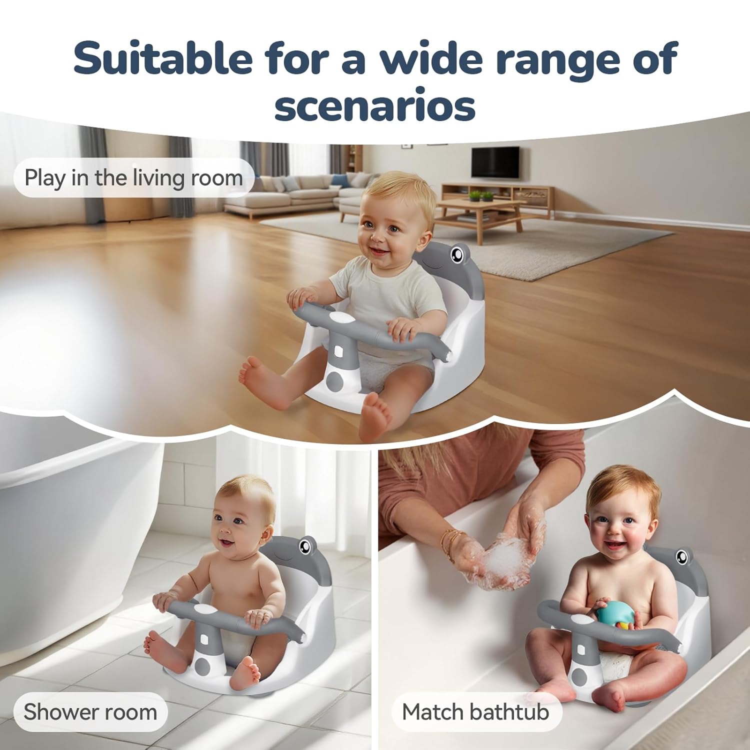 Baby Bath Seat for Babies 6 Months & Up - One-Handed Snap-On Armrest Baby Bath Chair | 4 Suction Cup Non-Slip Baby Bathtub Seat with Storage Bag | Ergonomic Infant Bath Seats for Baby Sitting Up Grey