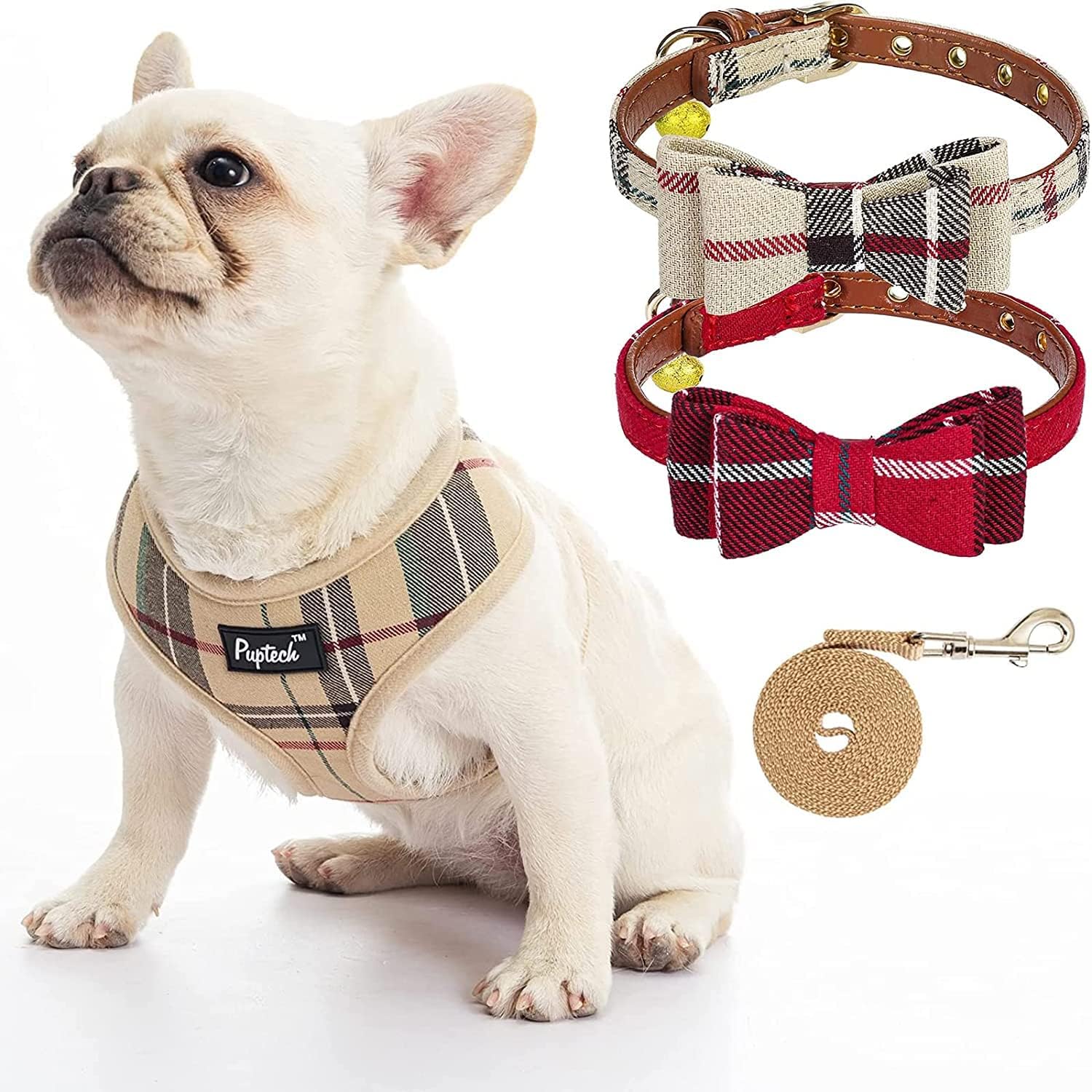 PUPTECK Soft Mesh Dog Harness with 2 Pack Collars - Pet Puppy Comfort Padded Vest No Pull Harnesses, Plaid Small Dog Collar Charm Adjustable Bowtie Soft Leather Cat Collar for Kitten and Puppy