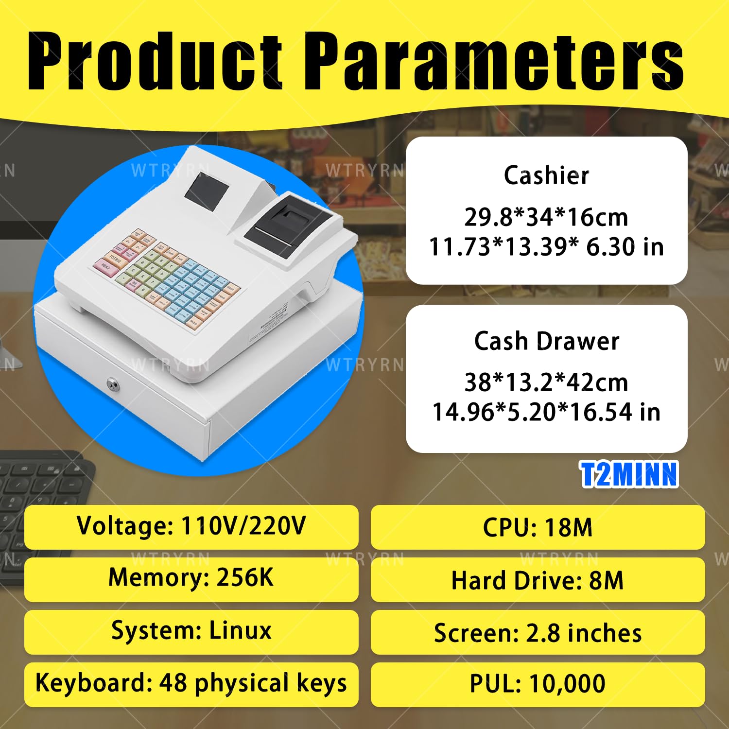 Caja registradora térmica electrónica TPV, 60 000 Registros de transacciones, 8 métodos de Pago, Teclado programable para comercios y restauración. Black