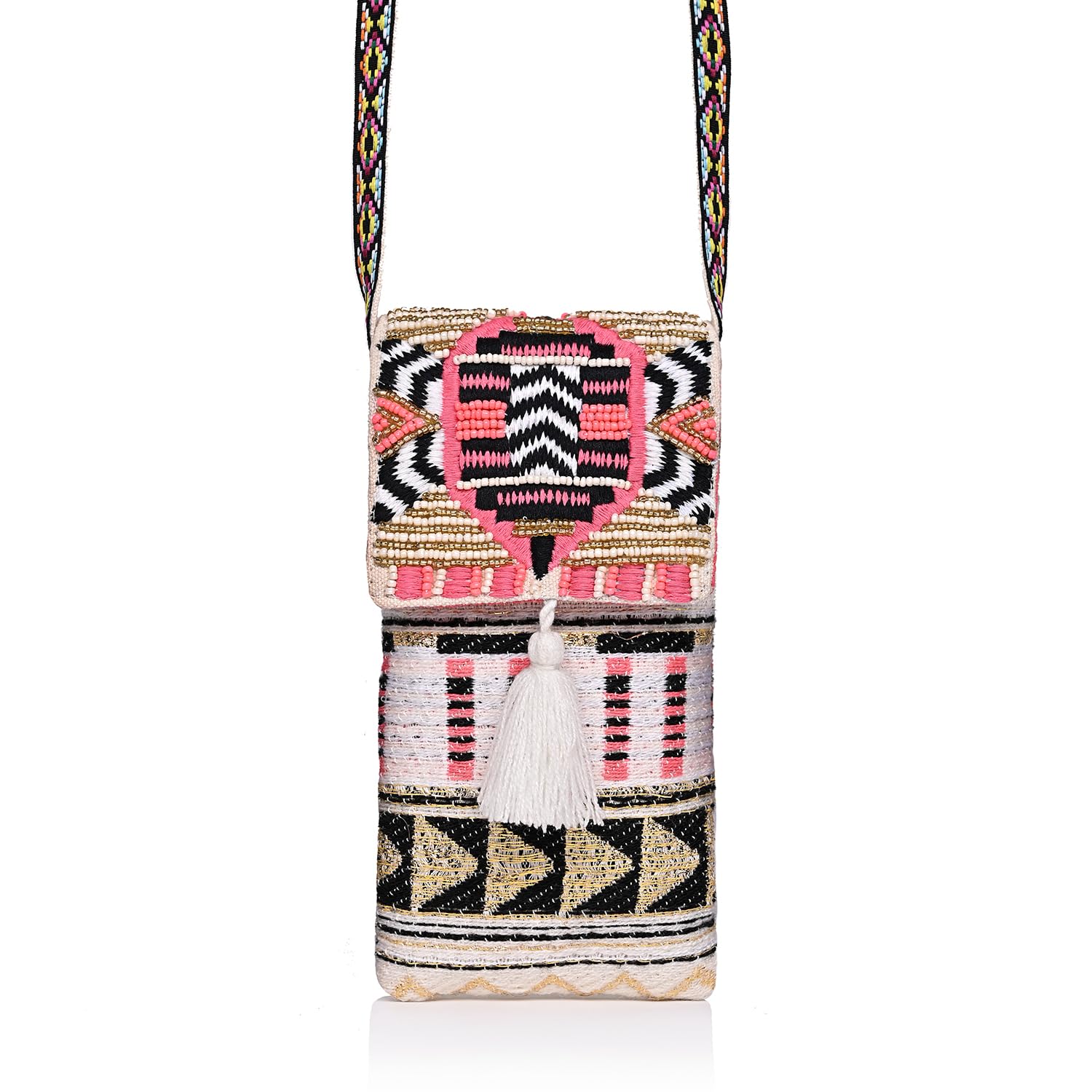 Handmade Embroidered Sling Bag for Women Beaded Boho Crossbody Phone Pouch with Stylish Strap Ethnic Geometric Sling Purse with Tassel for Casual Party Travel-image-13