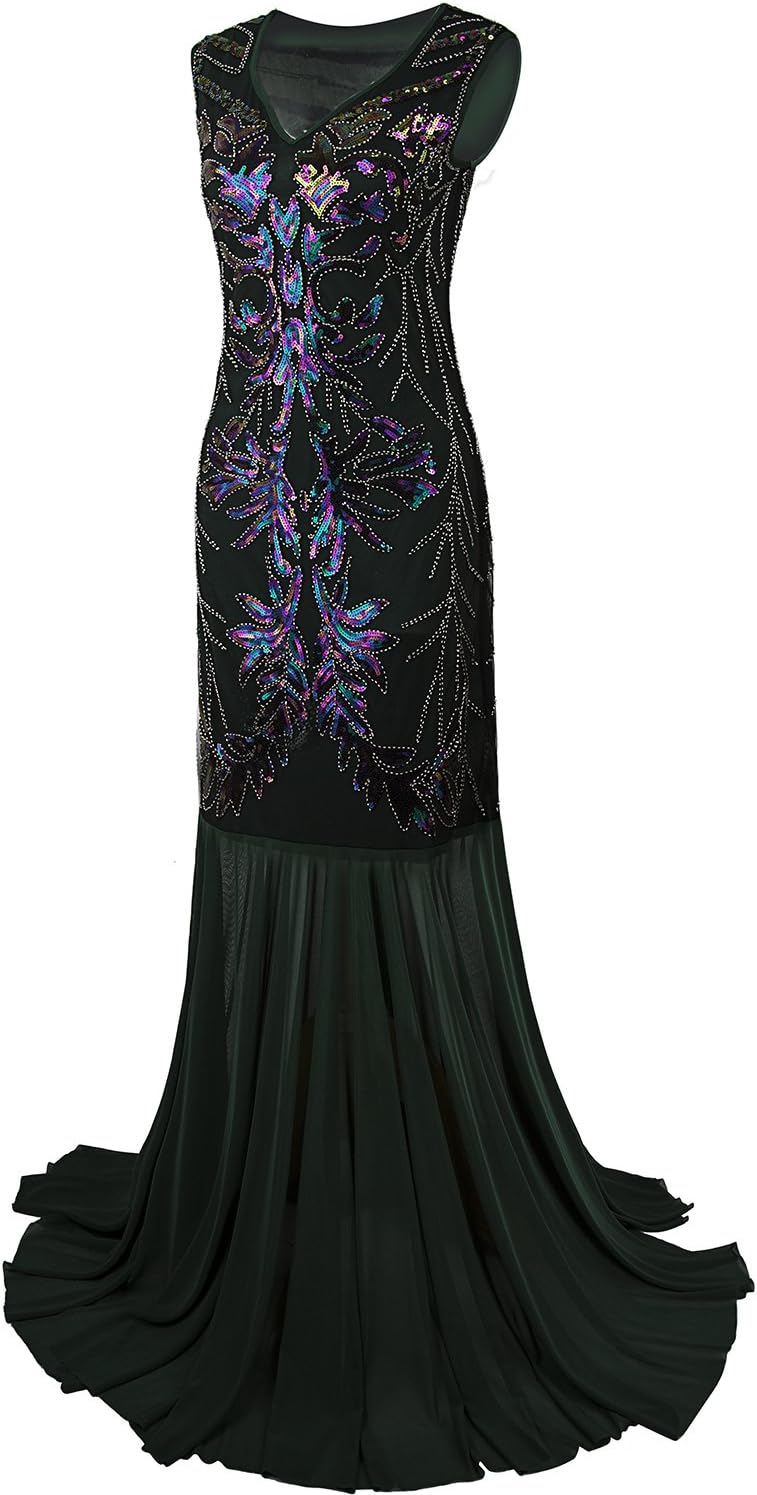 Vijiv 1920s Long Prom Dresses V Neck Beaded Sequin Gatsby Maxi Evening Dress - Image 3