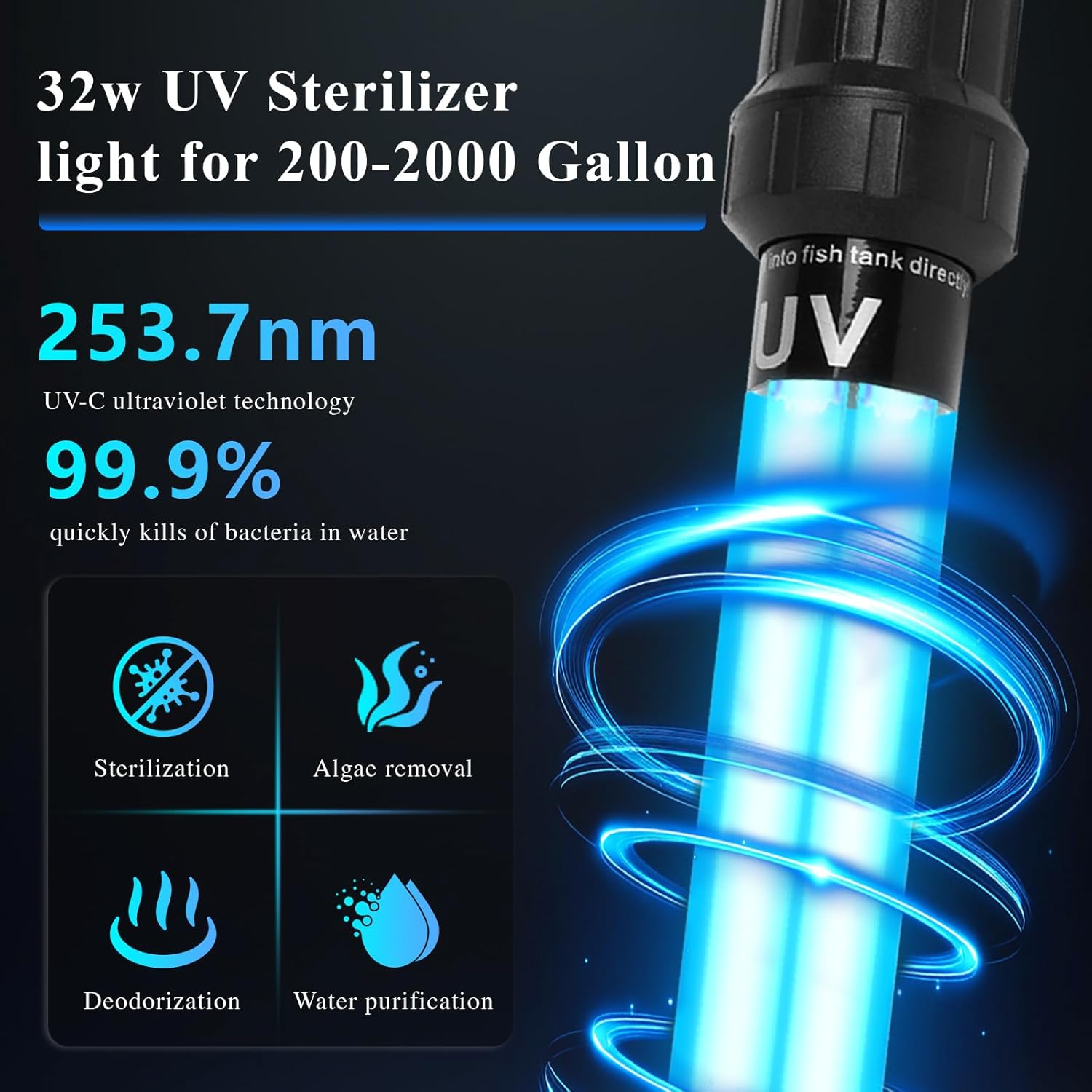 32W UV Submersible Aquarium Light for 100-2000 Gallon，Aquarium UV Light Water Clarifier for Pond, Pool, Hot Tub & Cold Plunge with Fish Tank Control