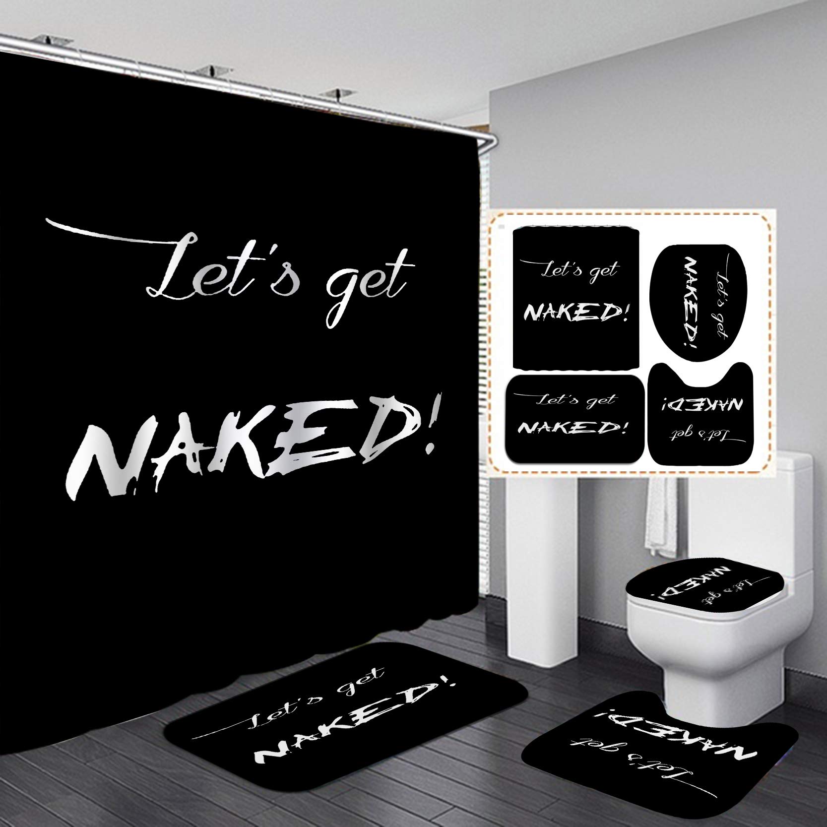 Fashion_man Black 4Pcs/Set Funny Shower Curtain Fabric Cloth Polyester Bath Curtain Waterproof Bathtub Curtains, Non-Slip Bathroom Rugs Bath Mat Set, 72"X72", 12 Hooks, Let's Get Naked (4Pcs)