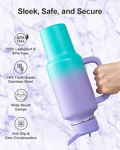 Miniatura 4 de Trebo Botella de agua de 40 onzas con aislamiento que cabe en portavasos de automóvil con asa, botellas de agua de acero inoxidable vaso con tapas