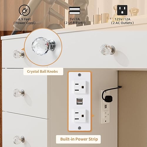 Miniatura 6 de VOWNER Tocador con espejo iluminado, escritorio de maquillaje con parte superior de vidrio de 47 pulgadas con 9 cajones y toma de corriente, 3 modos