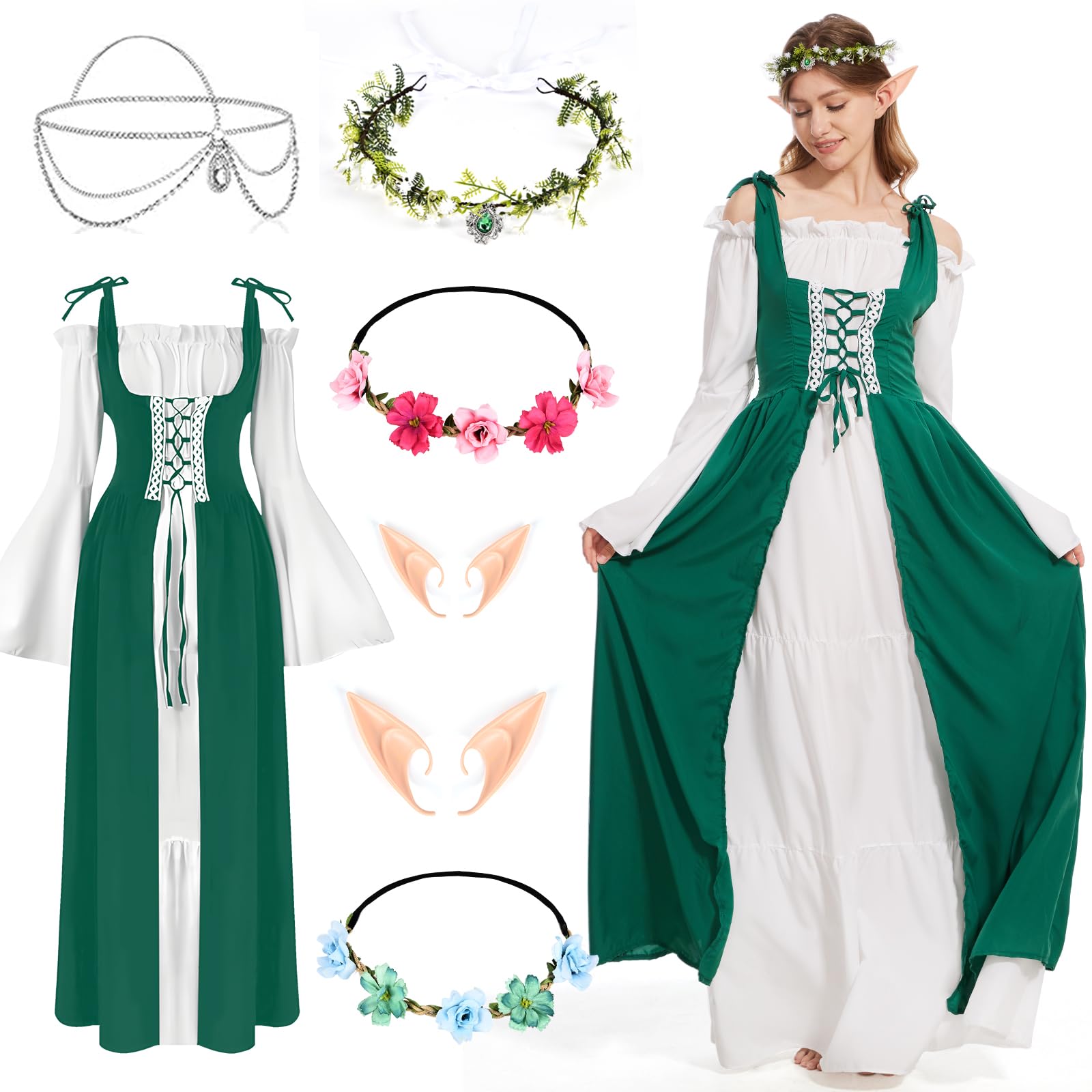 Aragallant Vestido Medieval para Mujer, Vestido de Disfraz Renacentista, Disfraz Medieval Con Orejas de Elfo y Cabeza, Disfraz Medieval Renacentista Mujer para Cosplay de Halloween