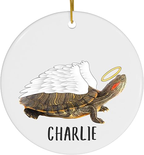 Deslizador de orejas rojas alas de ángel de tortuga, adornos de Navidad personalizados conmemorativos 2025 círculo blanco cerámica dueño mascotas