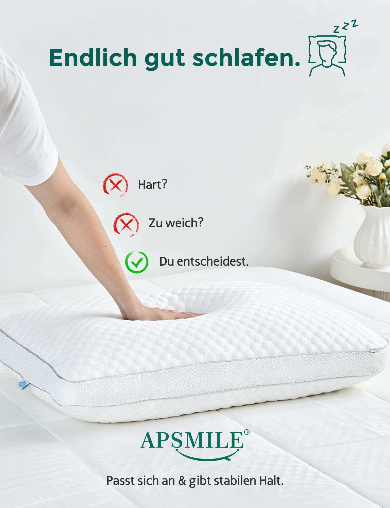 APSMILE Kopfkissen 50x75 cm - Memory Foam Kissen für Seitenschläfer & Mehr - Höhenverstellbares Schlafkissen mit hochwertiger Füllung gegen Nackenschmerzen - Atmungsaktiv - Abnehmbarer Bezug