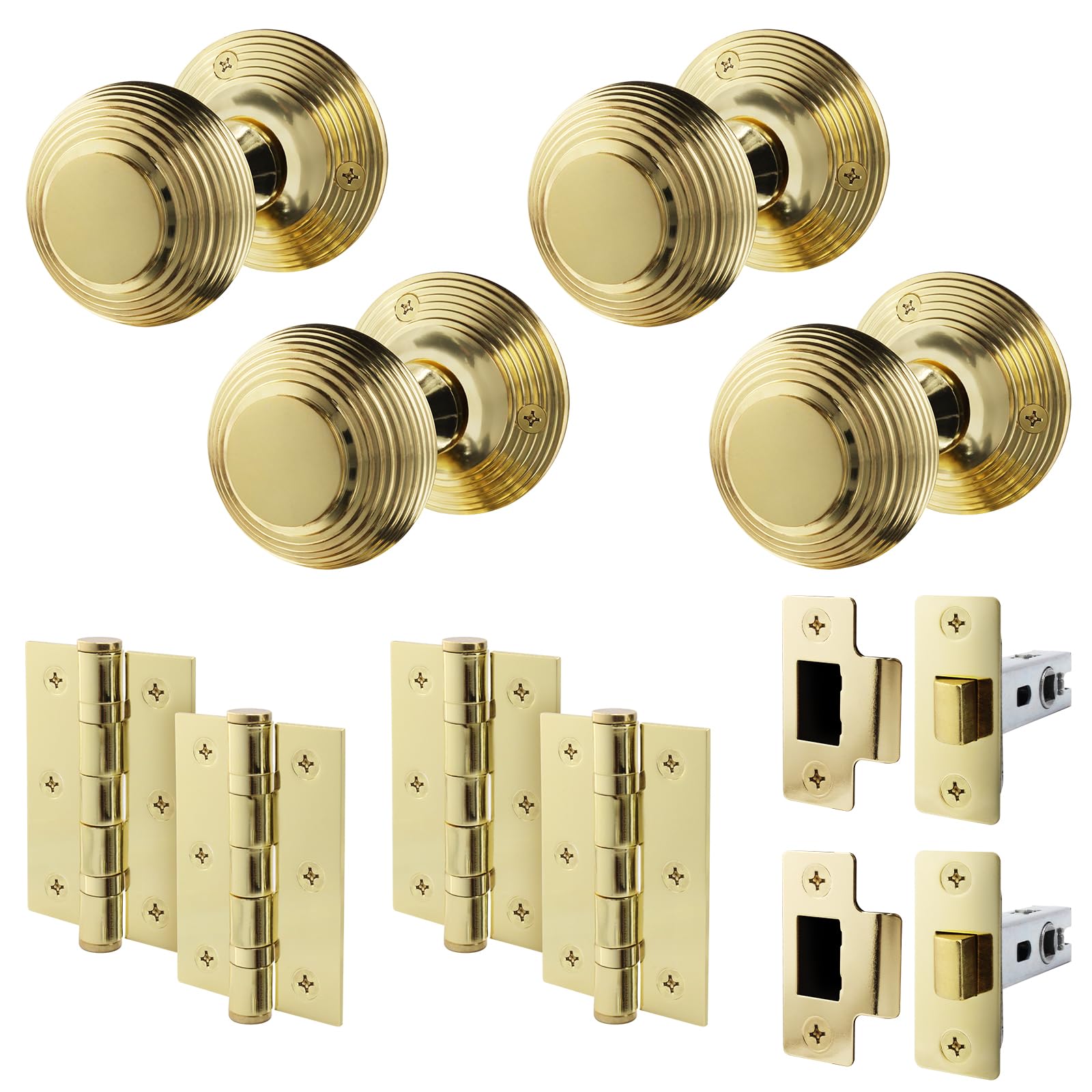 EAI Polished Brass Door Knobs with Latch 76mm and Hinges, 2 Pack - Beehive