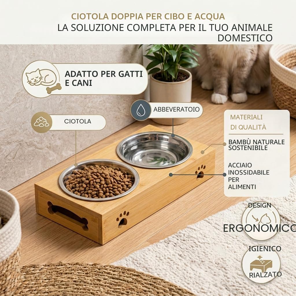 Edipets, Ciotole per Cani, Gatti, Abbeveratoio per Cani Gatti, Doppia e Tripla Rimovibile in Ceramica o Acciaio Inossidabile, Base Antiscivolo in Bambù (Acciaio Inox, Doppio)