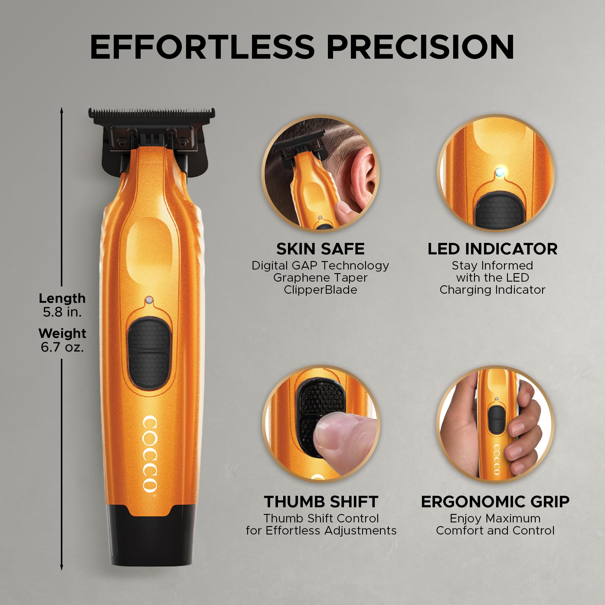 Cocco Hyper Veloce Pro Trimmer, Digital Gap Graphene Blade Edger, High-Torque Brushless BLDC Motor, Cordless, All-Metal Design, Lithium-Ion Battery, Charging Base Included