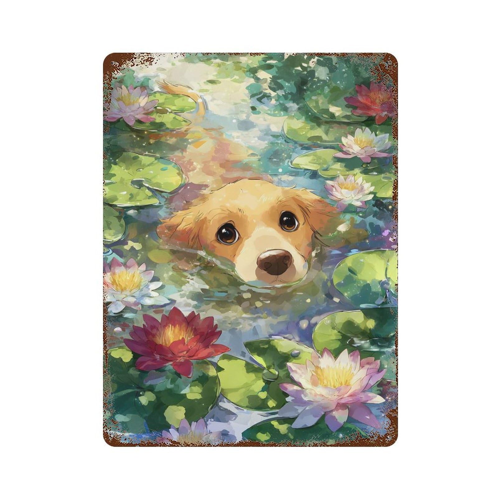 Labrador Dog in Water Lilies Pond Rust Effect Tin Sign 15.7"x11.8", Ideal for Garage, Bar And Workshop Decor