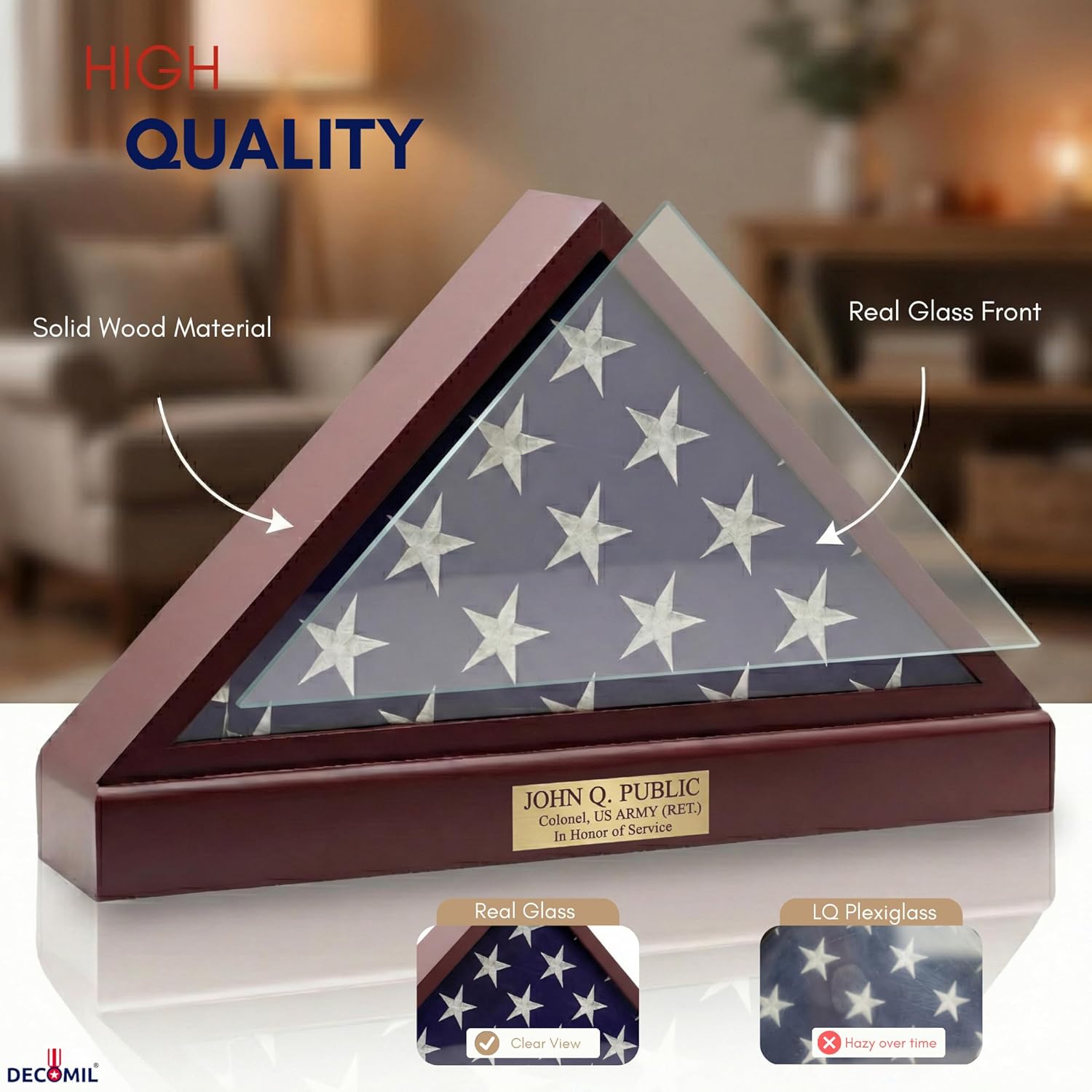 DECOMIL Burial Flag Display Case Personalized, 5x9 Flag Display Stand with Pedestal, Flag Case for Funeral Flag, Solid Wood Cherry Finish, Flag Case with Name Plate