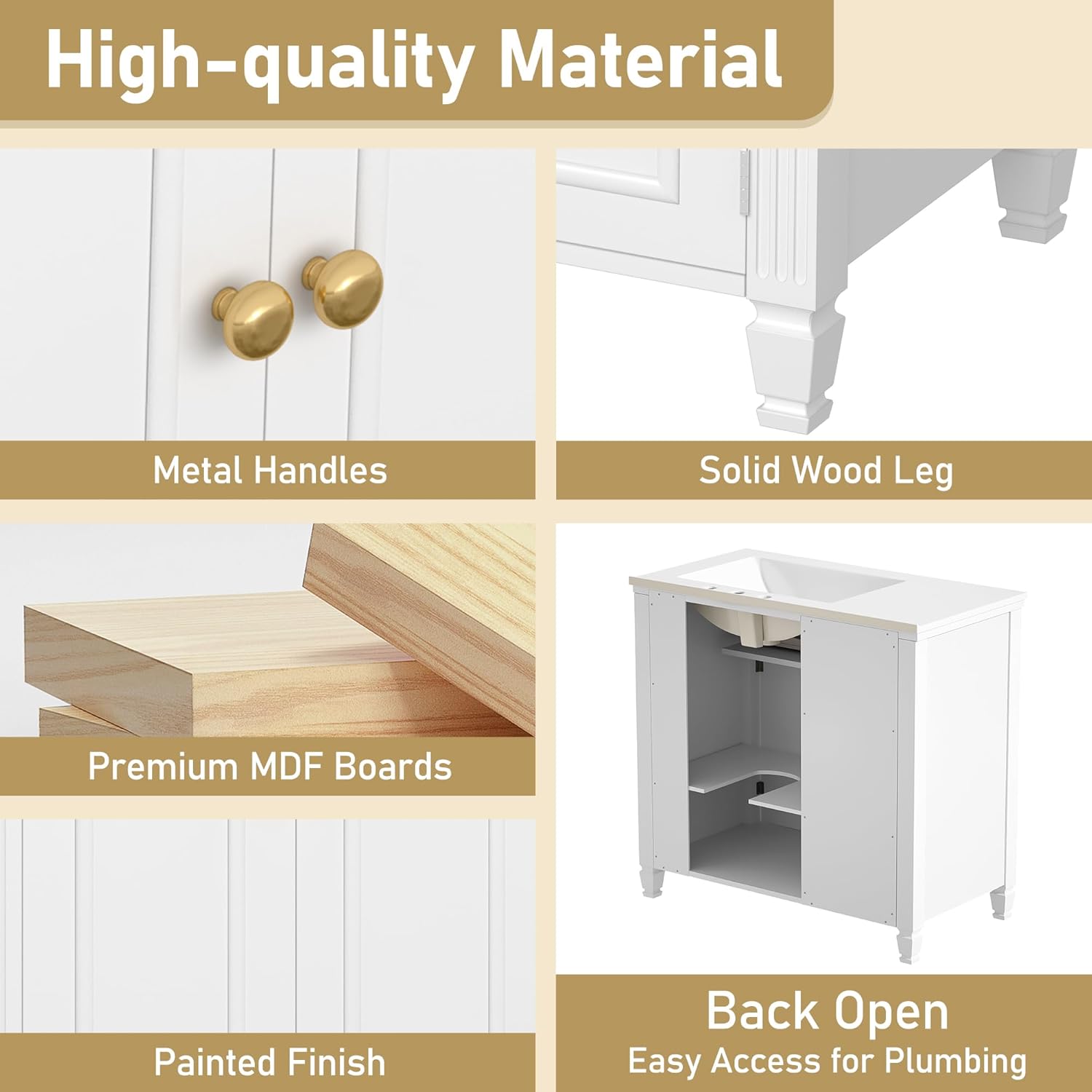 36" Bathroom Vanity with Ceramic Sink, Bathroom Cabinet with One Tip-Out Drawer, 3 Side Drawers, Adjustable Shelf, White