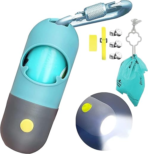Infinite Node Dog Poop Bag Dispenser with Built-in LED Flashlight and Metal Clip for Leash, Pet Waste Bag Holder, Dog Walking Accessory (Crystal Blue)