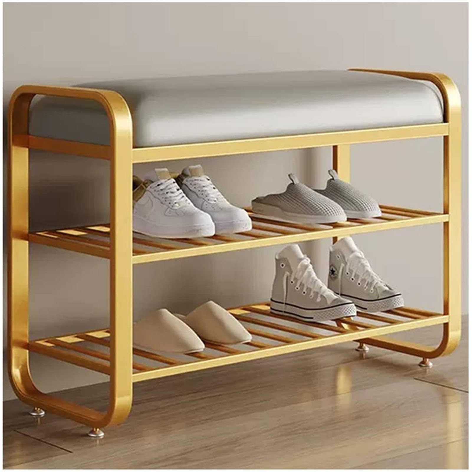 MYUYEE Shoe Storage Bench 2-Tier Entryway Shoe Storage Orga Shelf Shoe Rack Bench With Padded Seat For Hallway Front Door(Gold-100 * 32 * 52Cm)