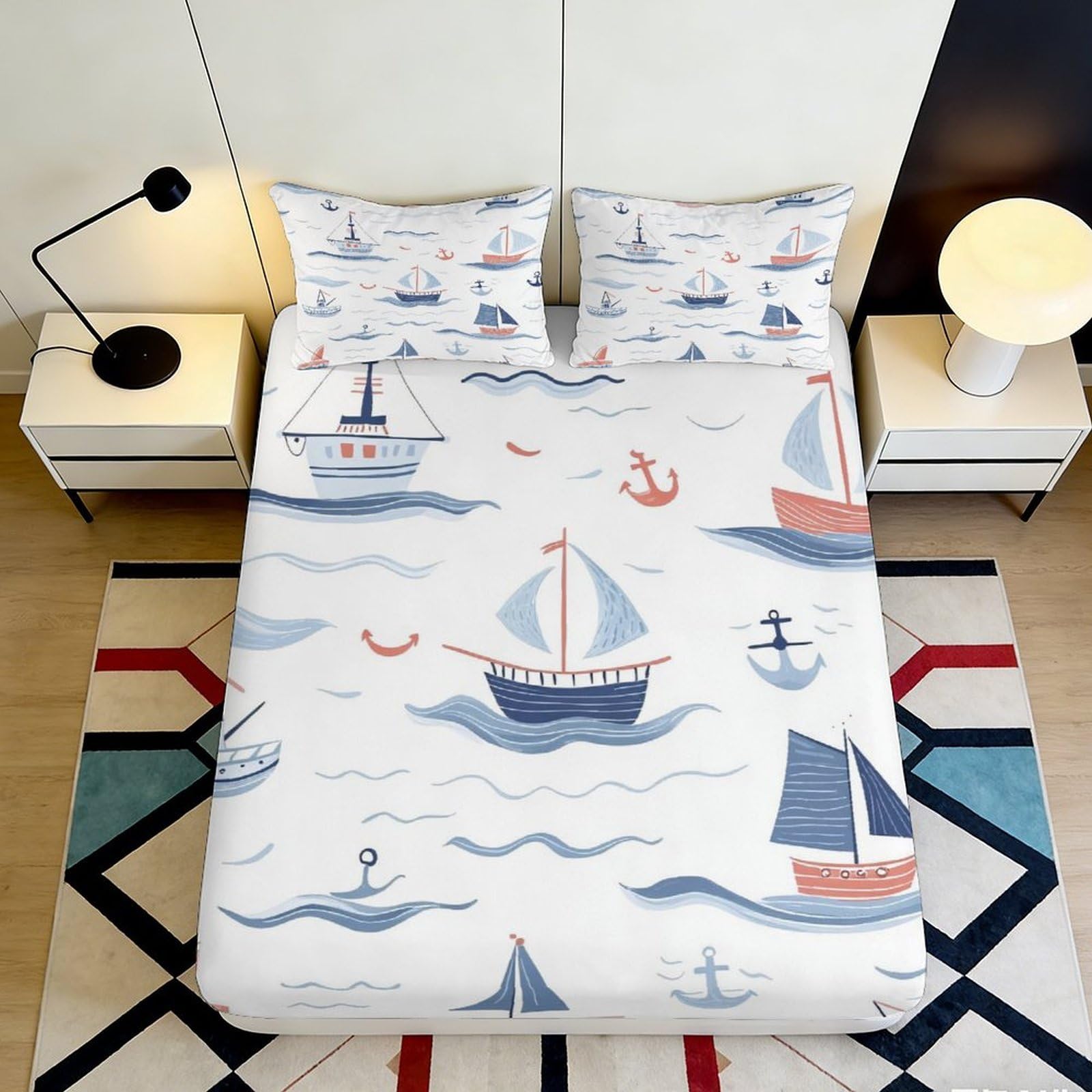 3D Printed Nautical Sailboat Fitted Sheet Microfiber Soft Breathable Ocean Wave Mattress Cover for Bedroom Dorm Decor 90x200x25cm