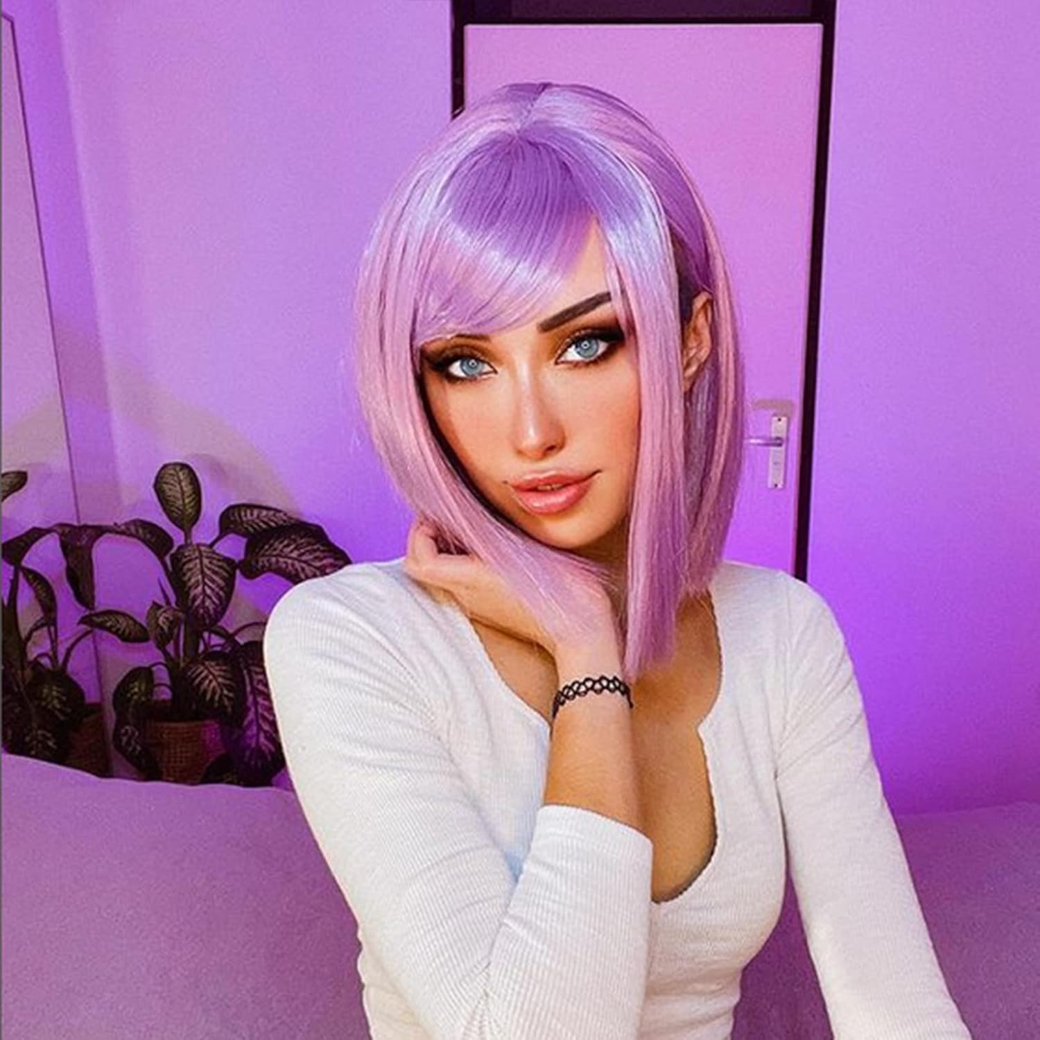 eNilecor Short Bob Hair Wigs 12" Straight with Flat Bangs Synthetic Colorful Cosplay Daily Party Lilac Neon Wig for Women Natural As Real Hair+ Free Wig Cap (Lavender Purple) - Image 7
