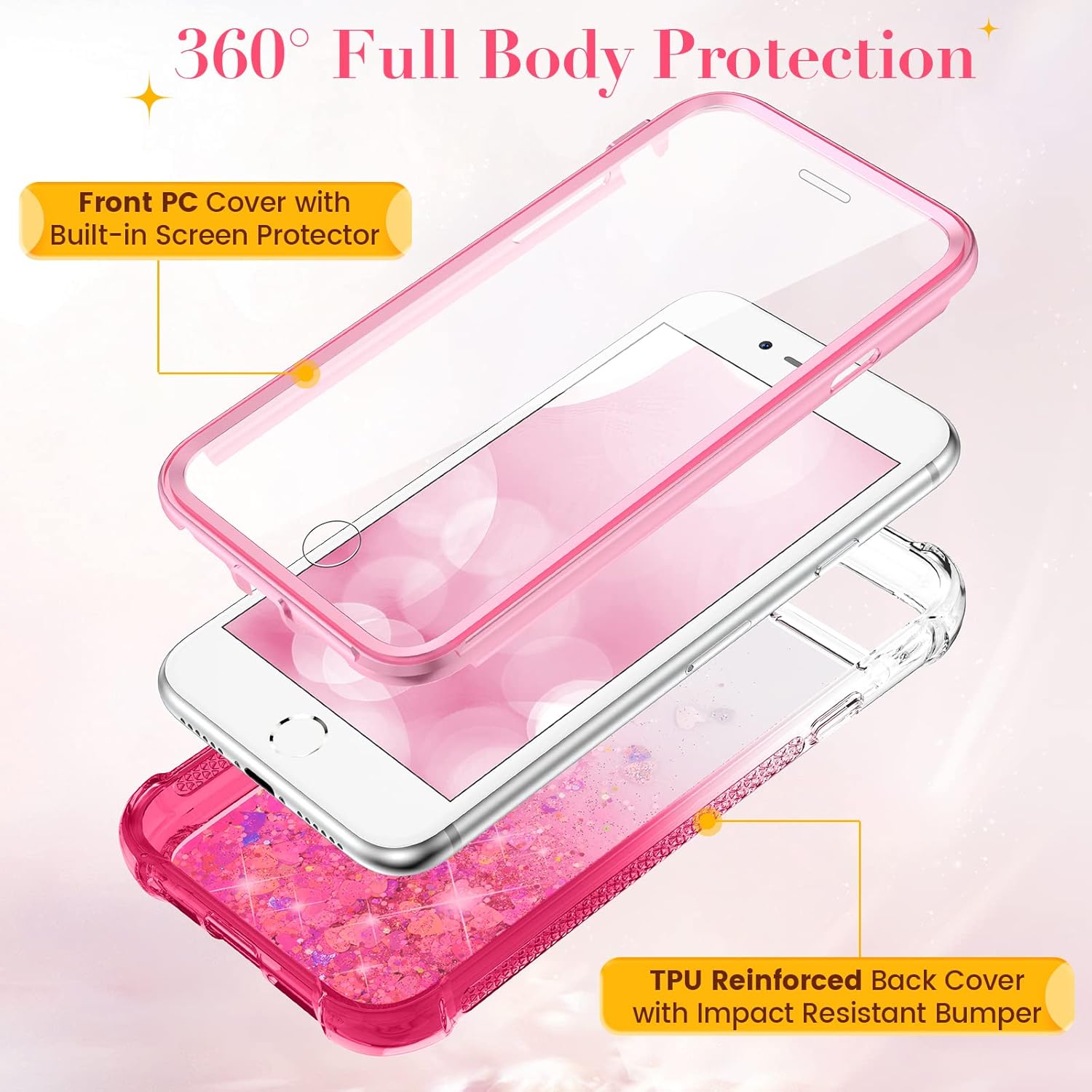 Ruky for iPhone 6 6s 7 8 Case, iPhone SE 2022 Case, Glitter Full Body Rugged with Built-in Screen Protector Shockproof Protective Girls Women Cover for iPhone 6/6s/7/8/SE 2020 & 2022 (Gradient Pink) | for iPhone 6, 6s, 7, 8, iPhone SE 2022 Case, Glitter - Image 3