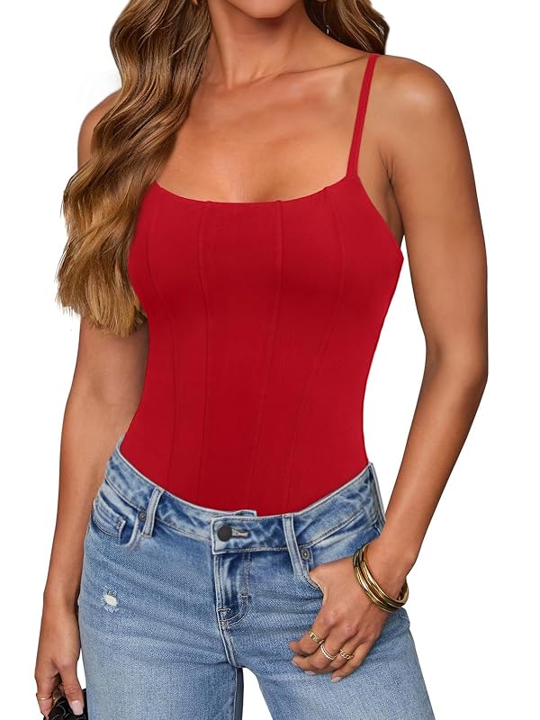 REORIA Women's Adjustable Strap Sleeveless Bodysuit Square Neck Backless Double Lined Tops Sexy Outfits Tomato Medium by REORIA - Used condition - US$26.66
