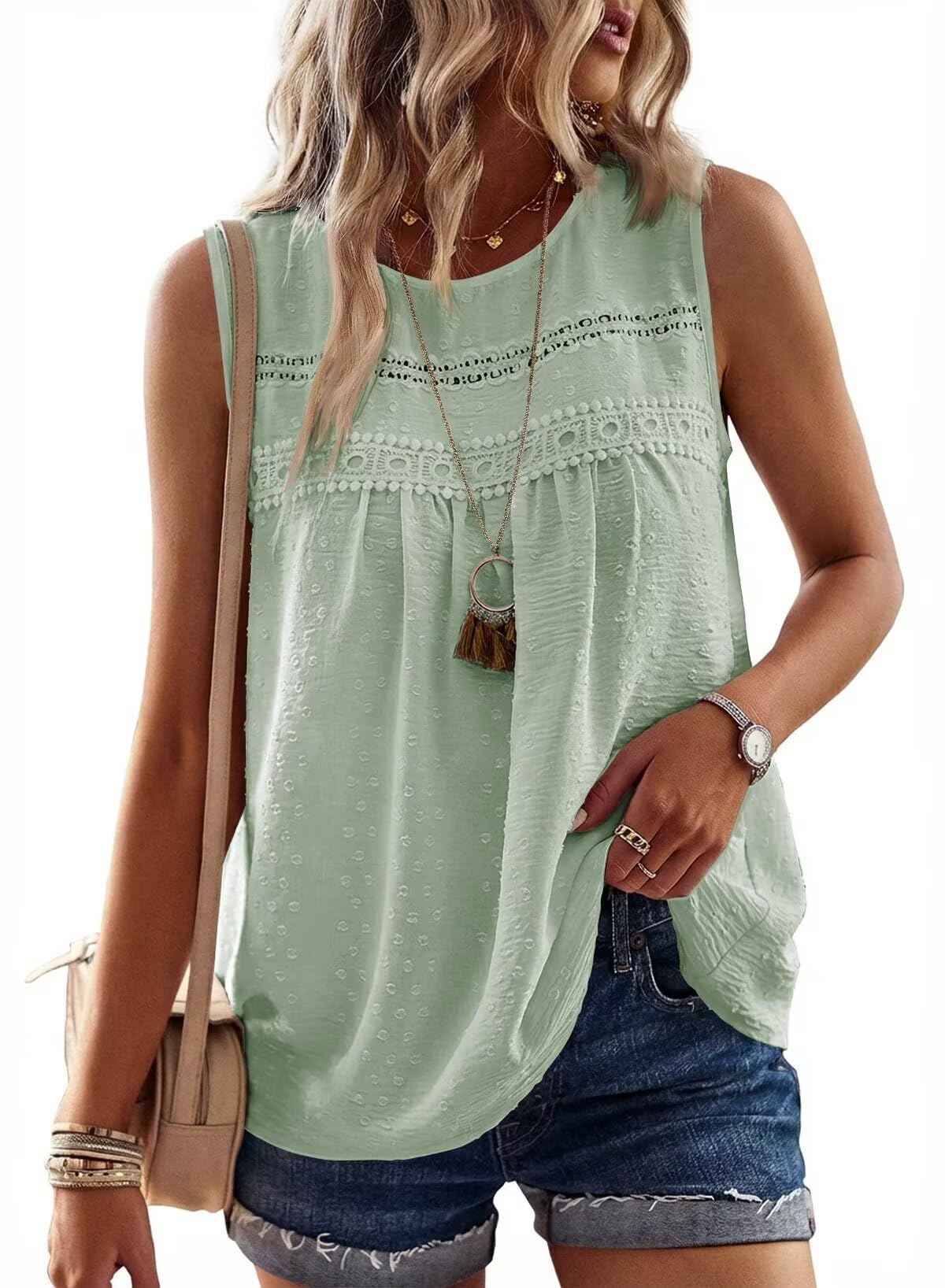 Falechay Tank Tops for Women Flowy Boho Cute Swiss Dots Sleeveless Shirts | Crewneck Loose Fit Summer Blouses, Daily Casual, Hide Belly Fat, Cute Lace Hem Ladies Tunic, Babydoll Crochet Trendy Clothes
