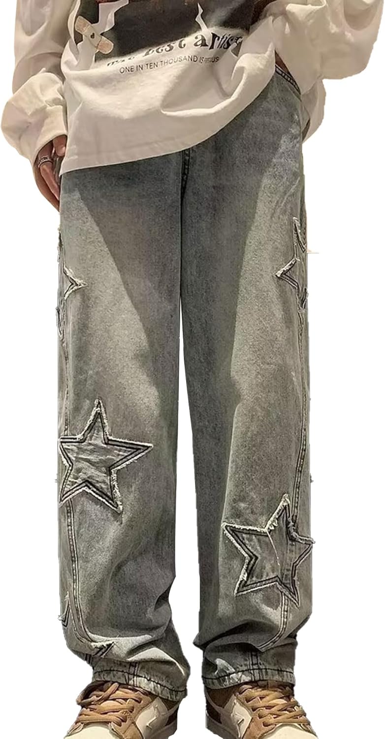 Womens Distressed Y2K Jeans Star Patchwork High Waist Streetwear Wide Leg Baggy Graphic Jeans - Image 2