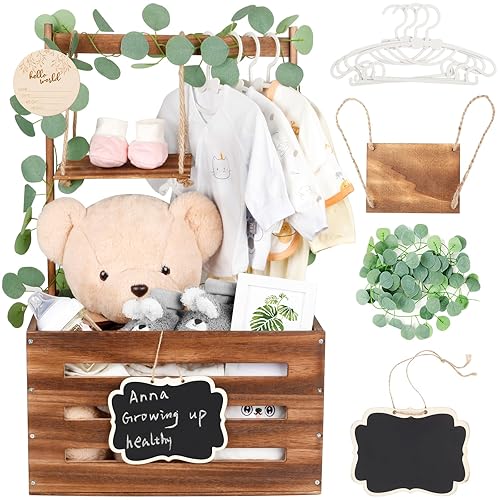 Armario de madera para baby shower con asa y guirnalda, cestas de bebé de gran capacidad para baby shower, cesta de fácil montaje para bienvenida de