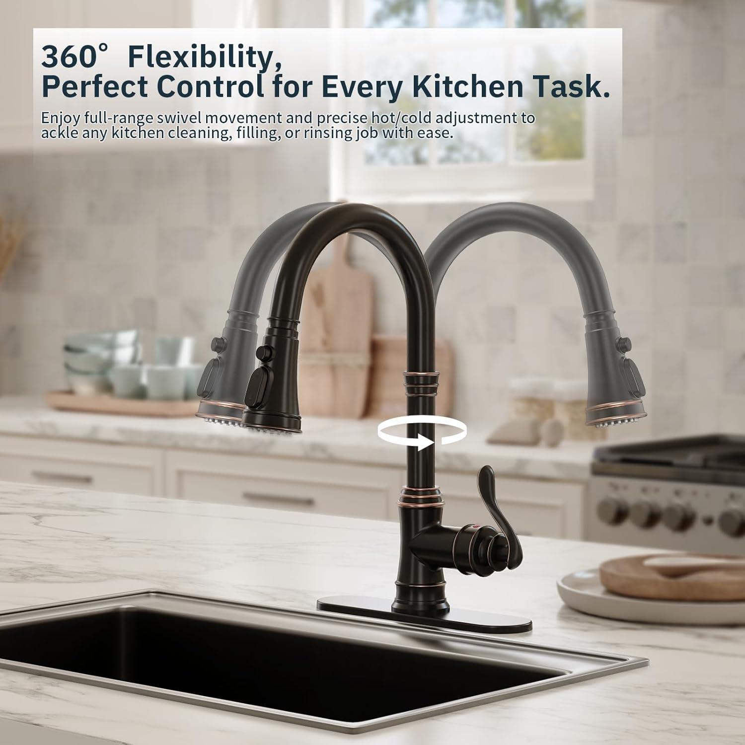 BWE Solid Brass Kitchen Faucet, Oil Rubbed Bronze Kitchen Sink Faucet with Pull Down Sprayer, 3 Spray Modes, Single Handle High Arc, with Deck Plate, Commercial/Farmhouse/Bar Sink Faucet