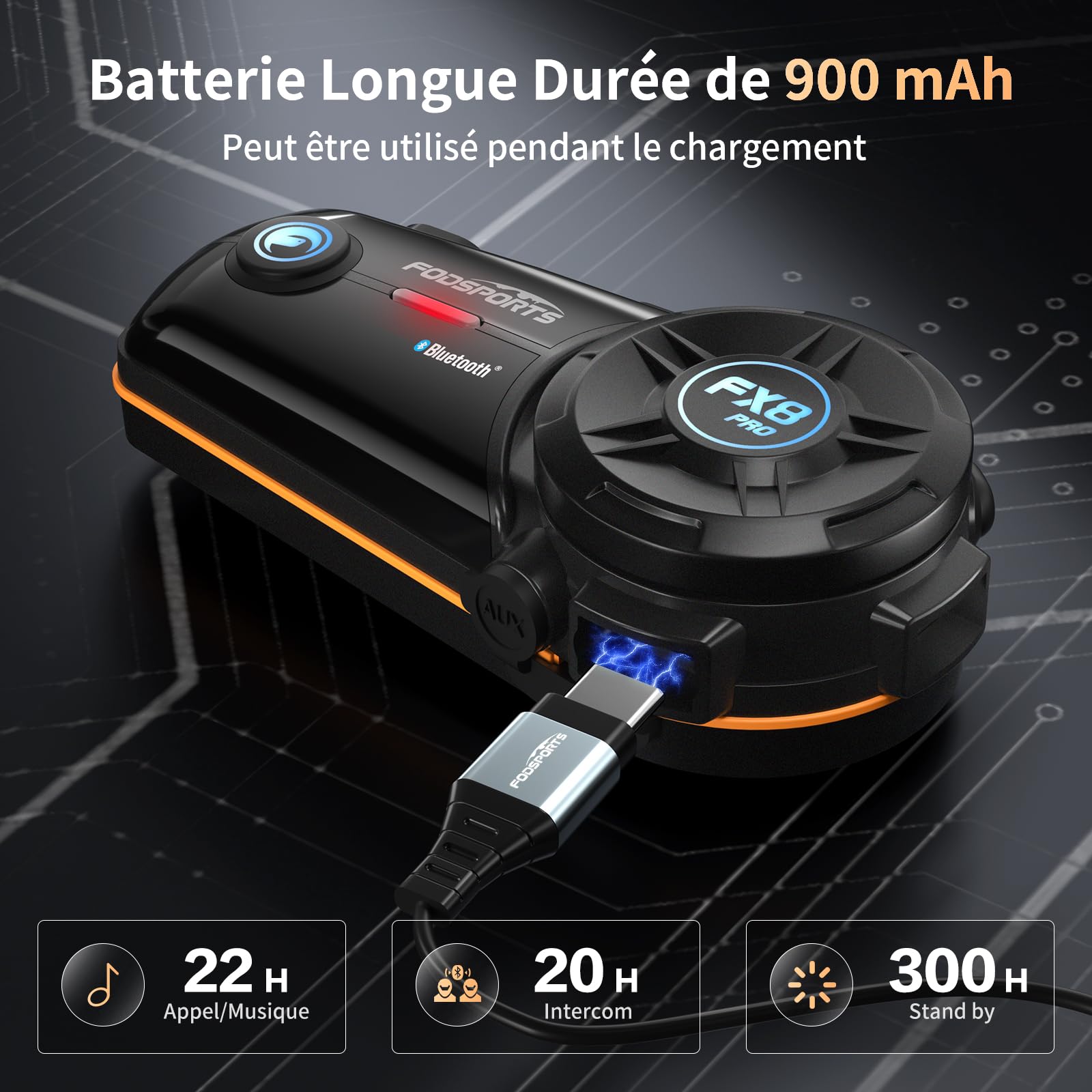 Fodsports FX8 Pro Intercom Moto Bluetooth avec Système de Communication jusqu'à 10 Motards, Partage de Musique, Radio FM, Appairage Rapide, Annonce Vocale en 7 Langues et Pilotage Via Application
