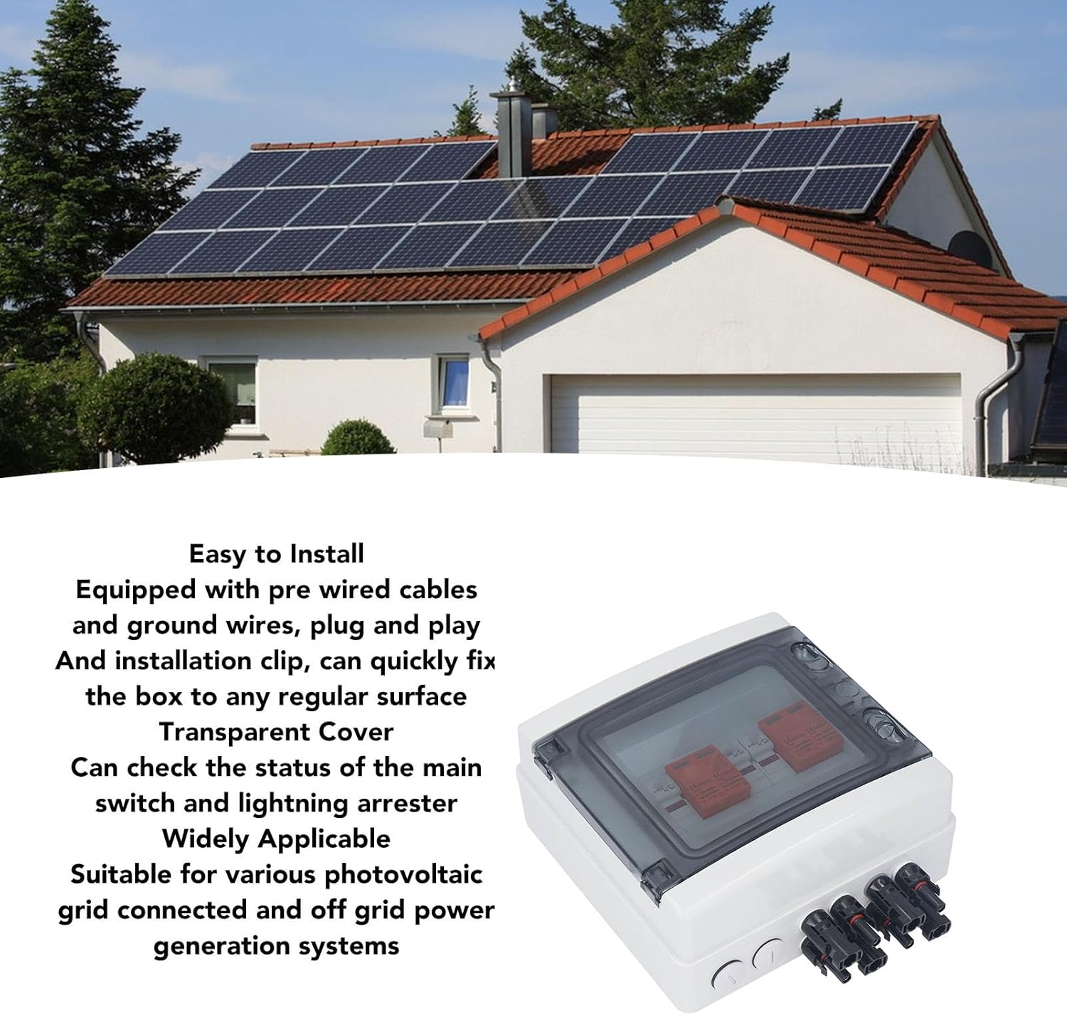 Hyuduo PV Combiner Box with text highlighting easy installation and transparent cover