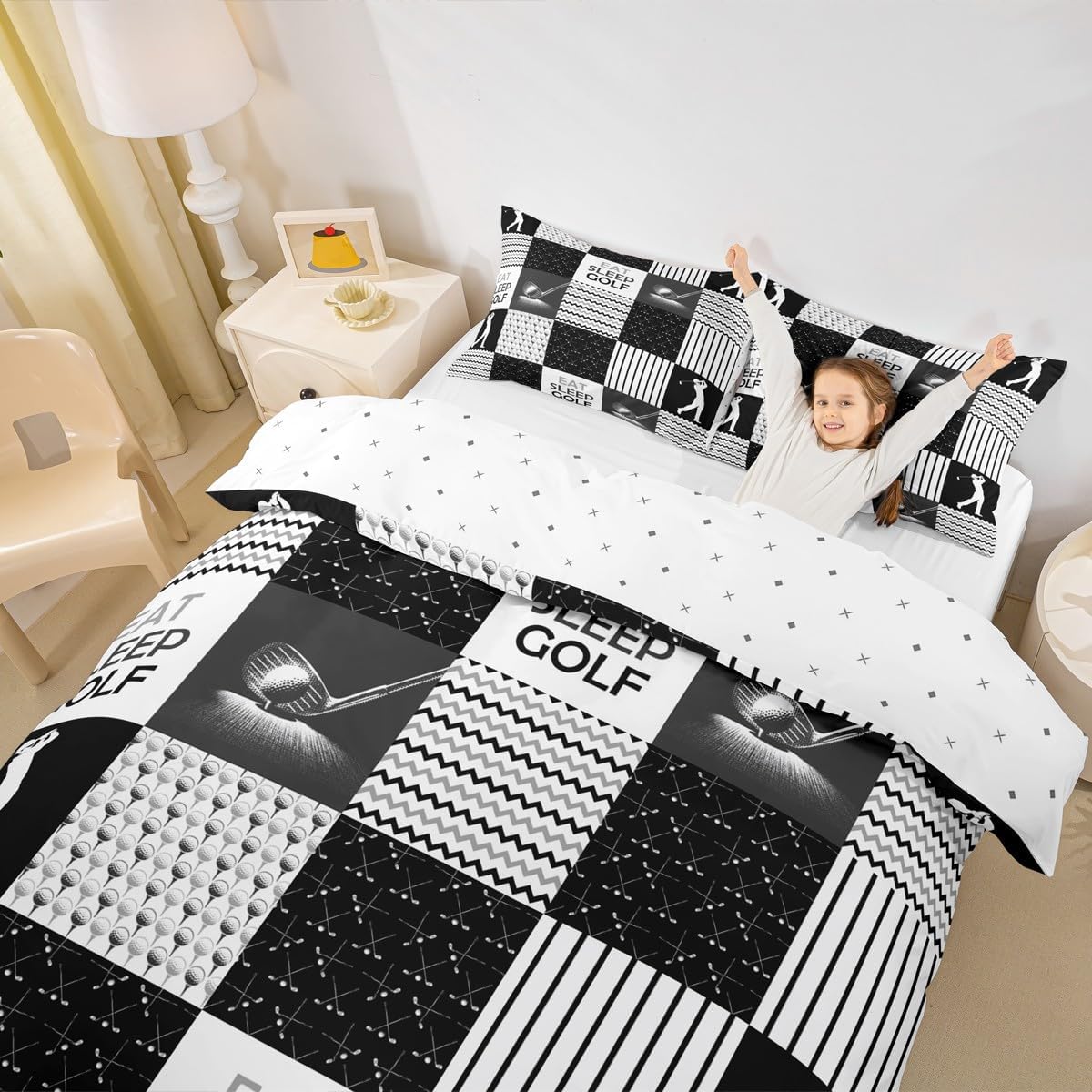 Boys Golf Comforter Cover Balls Player Theme Bedding Set Full, Golf Sports Patchwork Duvet Cover for Teenagers Adults Golf Lovers Geometric Ripple White Black Bed Cover with 2 Pillowcases, Zipper