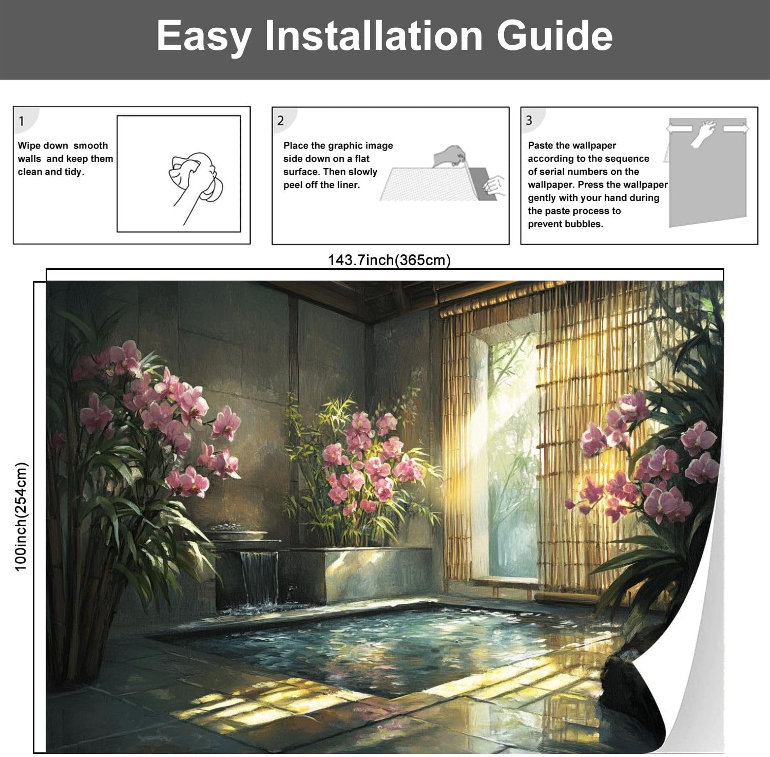 Modern Peel and Stick Wall Mural Wallpaper Peaceful Zen Nook Art Bamboo Shades Pink Orchid Serenity Self Adhesive Removable Wall Stickers for Living Room Bedroom TV Background 100''x144''