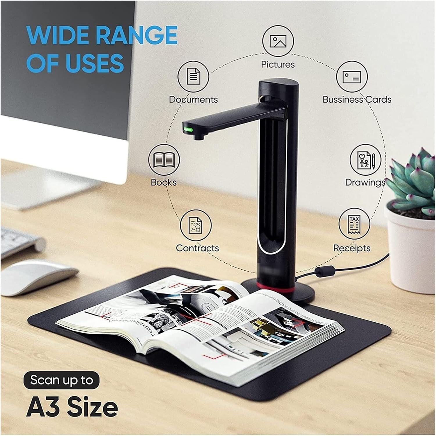 Document Camera K21 A3/A4 Book Document Fixed Mount Scanner High Definition 23MP Scanner with Auto-Flatten Multi-Language (Colour: Black Plugs Type: U-S)