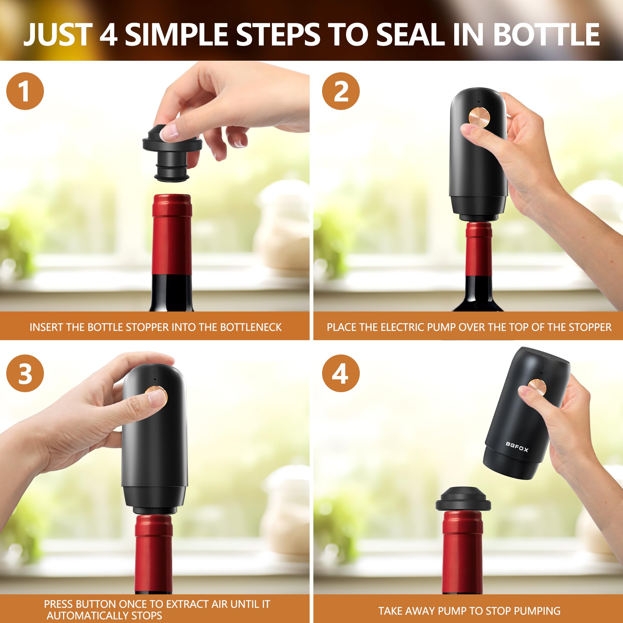 Bomba eléctrica de ahorro de vino con 4 tapones de vacío reutilizables, tapón automático de botella de aire de vino, sellador de botellas recargable mantiene el vino fresco, regalos para los