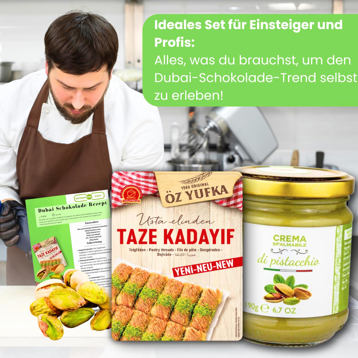 Kadayif Engelshaar Teigfäden + Pistaziencreme - Set zur Herstellung von Dubai Schokolade (1x400g Kadayif - 1x 190g Pistaziencreme 40%) inkl. Anleitung
