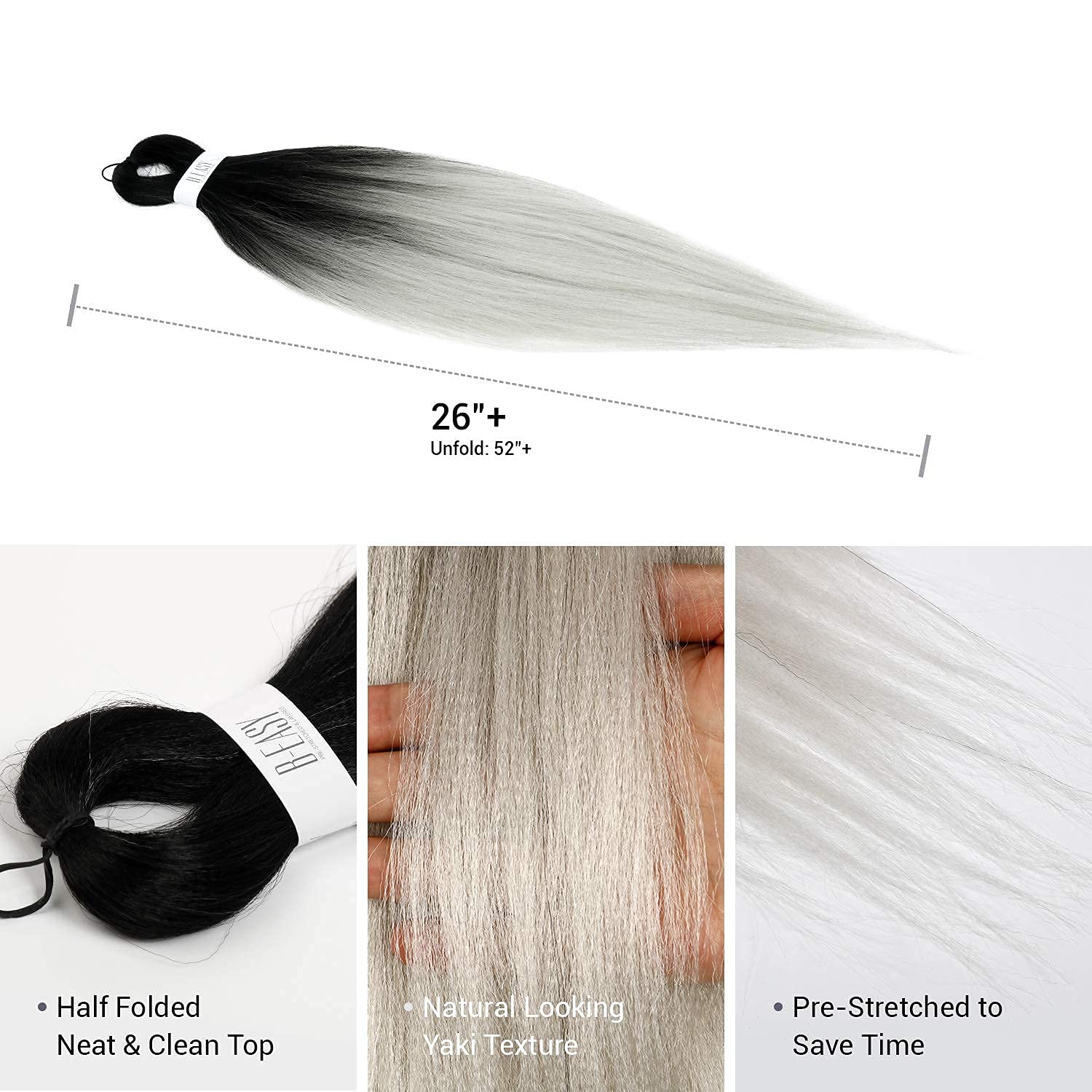 26 Inch (unfold 52"+) 10 Packs AU-THEN-TIC Braiding Hair Pre Stretched B-Easy Ez Braid Synthetic Soft Yaki Crochet Braid Hot Water Setting Hair Extensions (26 Inch (Pack of 10), TT1B/SILVER)
