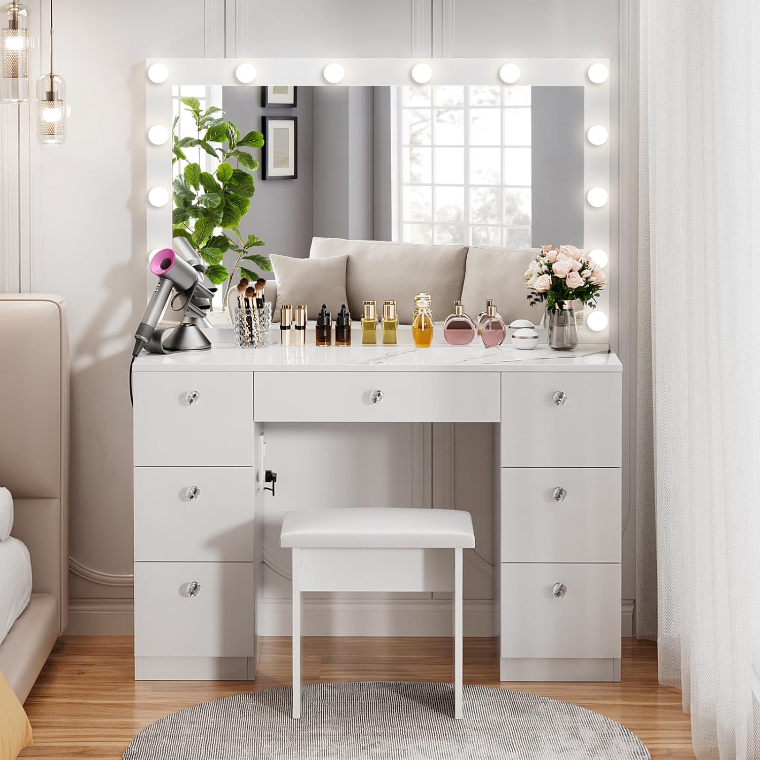 VOWNER Vanity with Lighted Mirror - Makeup Vanity Desk with Power Outlet and 7 Drawers, 3 Color Lighting Modes Adjustable Brightness, 44" Vanity Table with Soft Cushioned Stool for Women Girls, Marble