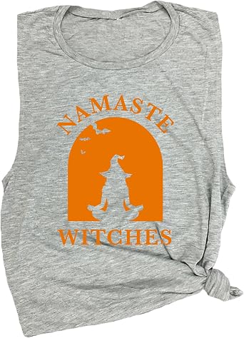 Namaste Witches Womens Workout Muscle Tee - Sleeveless Active Wear, Halloween Yoga Gym Top, Comfortable Workout Tank Top