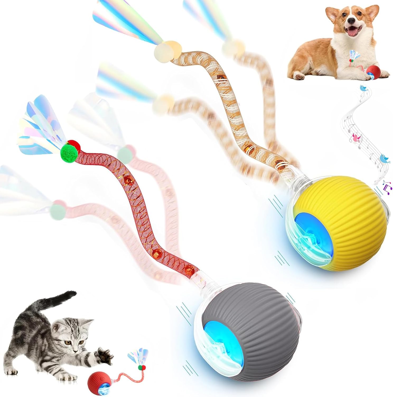 2 Packs Speed 2.0 Tail Interactive Cat Toys for Indoor Cats, Chirping & Motion Activate Ca t Toy, Smart Kitten Rolling Ball Moving Ball Toys, Rechargeable Dog Cat Bal l for Enrichment Exercise