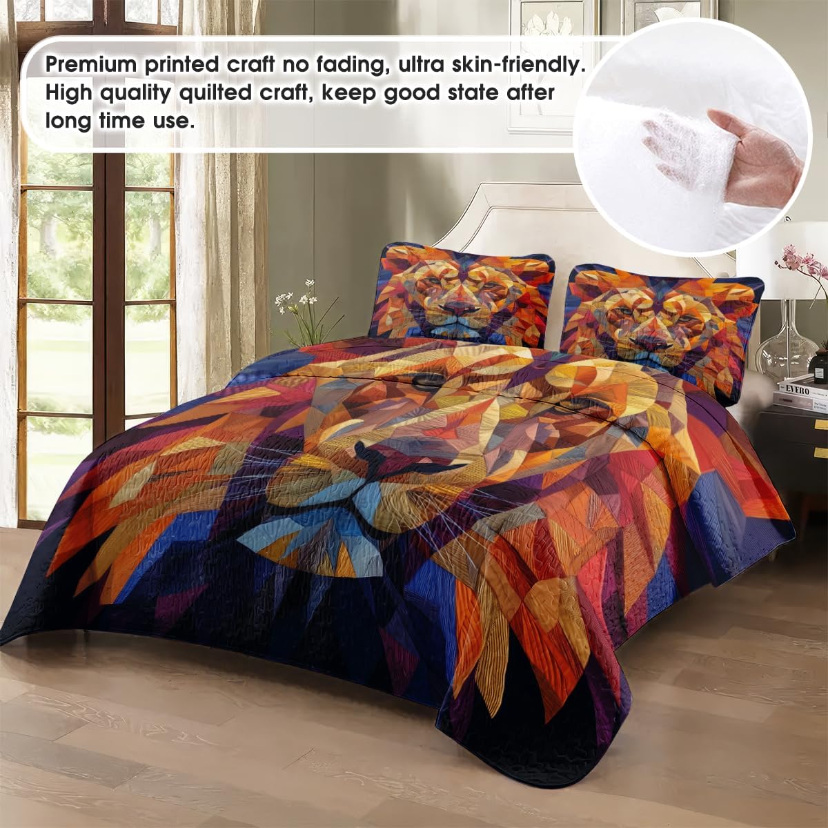 Personalized Patchwork Lion Quilt Set, Tribal Safari Jungle Animal Bedding, Wild Lion Bedspread for Men Boys Bedroom Decor Twin Queen King Size (Patchwork Lion)