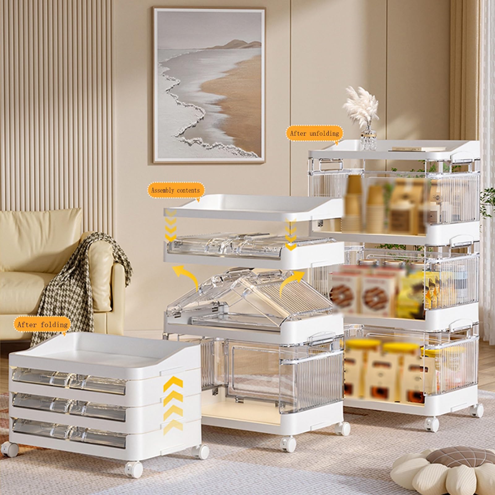 Carrello Mobile In Plastica Con Ruote Portaoggetti Pieghevole E Fisso Per Snack, Giocattoli Portaoggetti E Dispositivo Organizzativo Multifunzionale(White,17.5inx11inx21in)