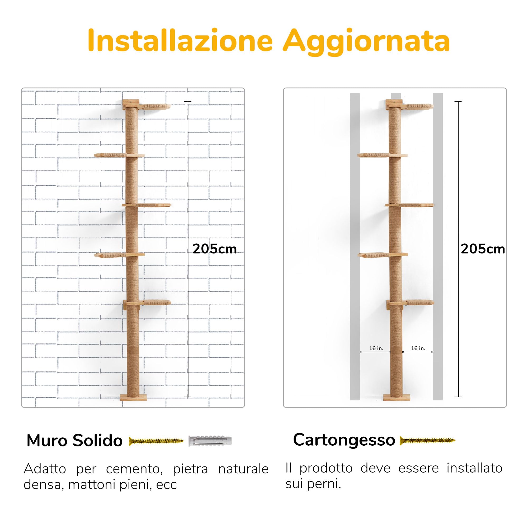 FUKUMARU Torre Tiragraffi per Gatti Alto (205CM), Mensola da Parete a 5 Livelli, Legno Massiccio e Iuta, Gradini per Arrampicare, Graffiare, Giocare