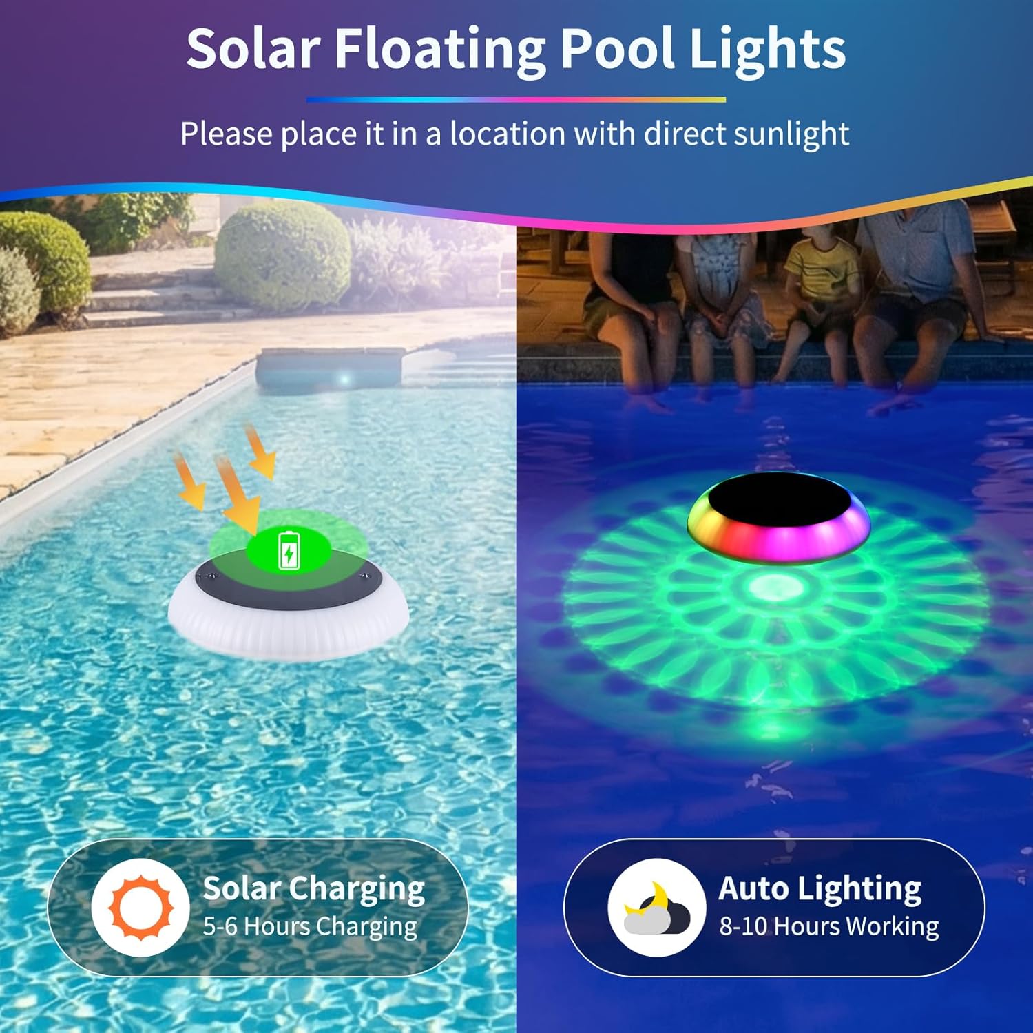 2-Pack Solar Floating Pool Lights, Upper & Lower Dynamic RGB Color-Changing, Waterproof Floating Pool Lights Solar Powered for Pools, Tubs, Outdoor Parties & Garden Decor