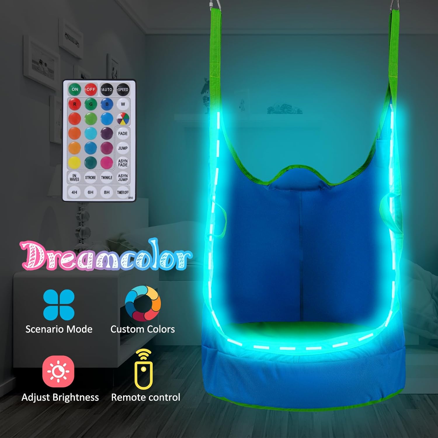 Upgraded Kids Pod Swing Chair,Child Hanging Hammock Chair with Led Lights,900D Oxford Cloth Pod Swing Seat for Indoor and Outdoor with All Accessories (Blue)