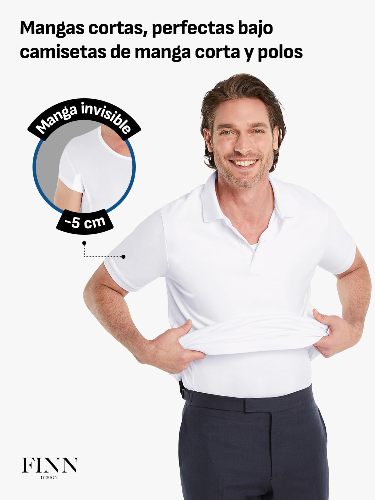 FINN Camiseta Antisudor Hombre Manga Extra Corta - Invisible Bajo Polo | Termina 5 cm más arriba y no se ve. Almohadillas de hasta 100 ml, tallas de la S a la 5XL