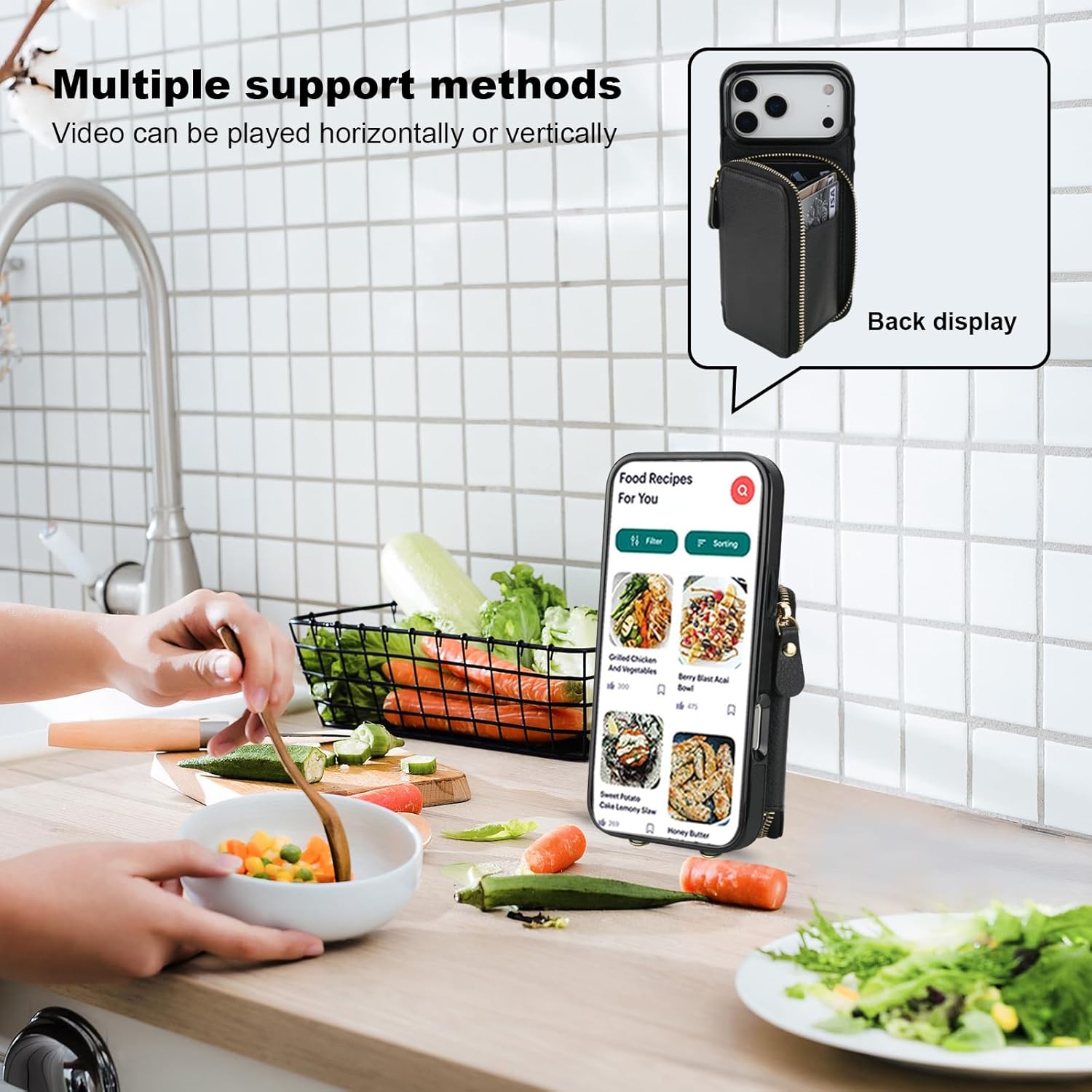 Bocasal RFID Blocking Wallet Case for iPhone 17 Pro Max, Adjustable Crossbody Zipper Purse Case Card Holder with Kickstand Detachable Wrist Strap, PU Leather Flip Folio Case 6.9 Inch 5G (Black) - Image 8